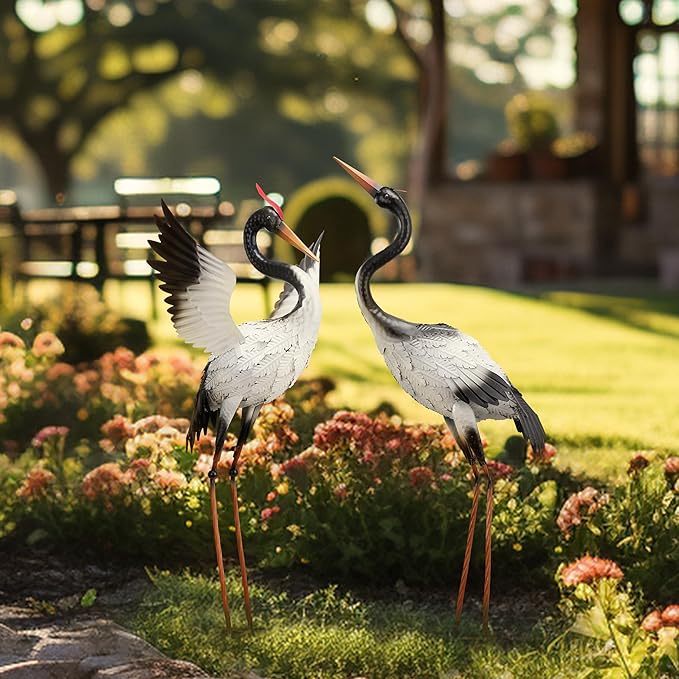 TERESA'S COLLECTIONS Yard Decorations Outdoor Garden Statues, White Metal Crane Yard Art, 25-26inch Lawn Ornaments for Backyard, Outside Porch, Patio, Wedding Decor,Set of 2,Spring Decor,Gifts for Mom