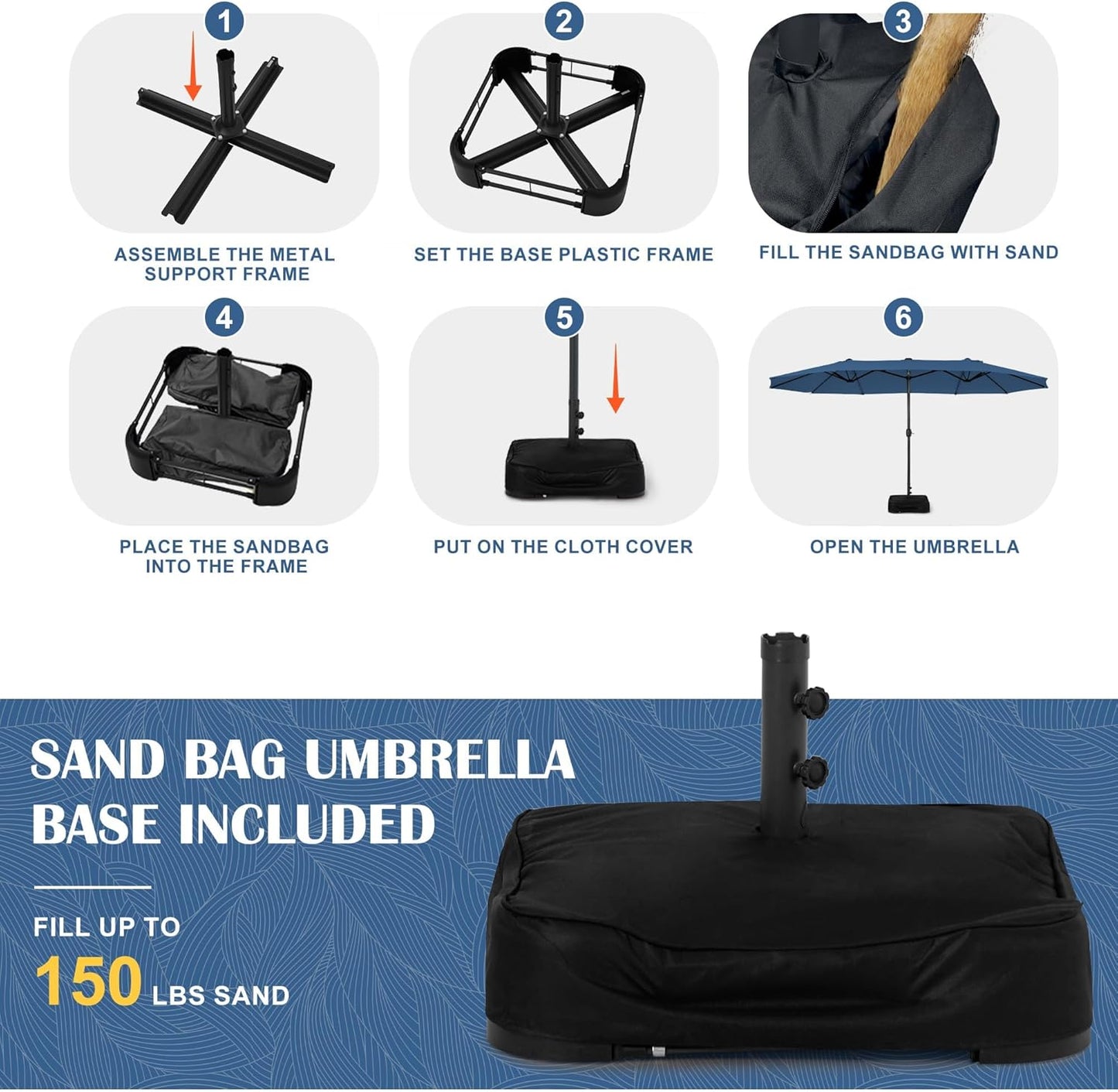 Sundale Outdoor Solar 144 LED 15 ft Patio Umbrella with Sandbag Base Included and Cover, Outdoor Double-Sided Umbrella, Navy