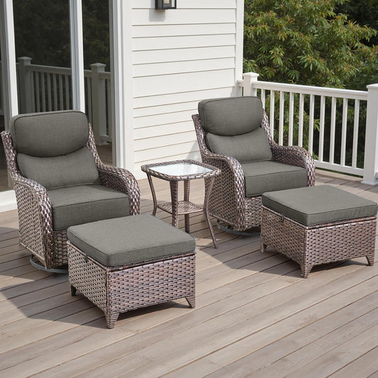 Wicker Outdoor Patio Furniture Set - 5 Piece Patio Conversation Sets with Swivel Rocker Chairs, Ottomans and Side Table, 6 inch Cushions, Waterproof Wicker, for Porch Deck Brown/Grey