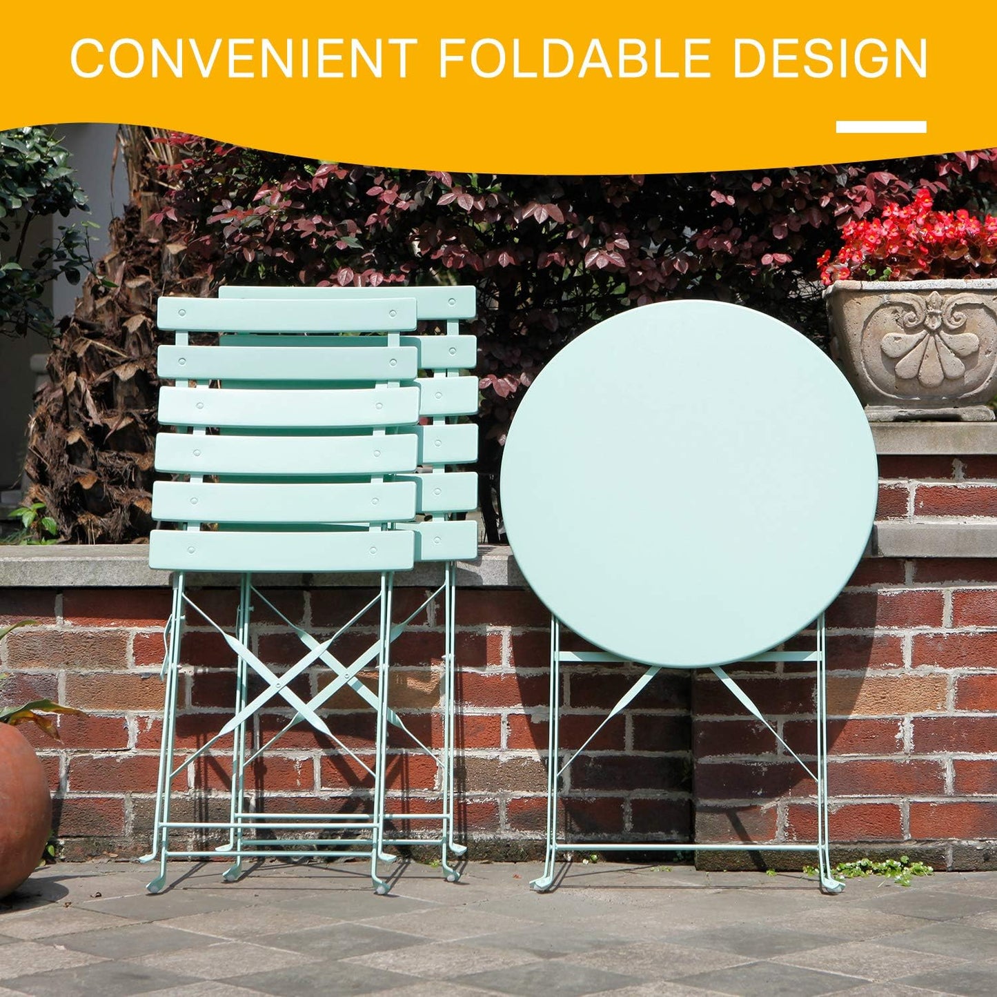 Grand patio 3-Piece Steel Foldable Bistro Set, 2 Chairs and 1 Table, Weather-Resistant Outdoor/Indoor Conversation Set for Patio, Yard, Garden-Macaron Blue