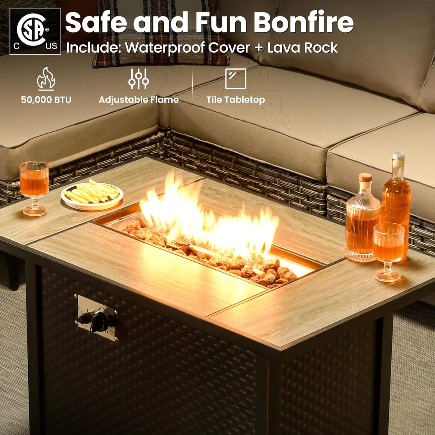 ovios 9 Pieces Patio Furniture Set Outdoor Sectional Sofa Couch with Fire Pit Table Rocking Swivel Chairs Deep Seat Chaise, Modern Modular Wicker Rattan Conversation Set, Beige