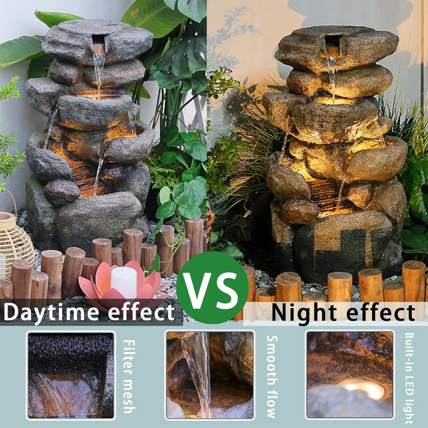 Garden Outdoor Fountains 4-Tier Rock Outdoor Water Fountain with Lights, 28.35" Waterfall Fountain for Garden, Patio, Yard, and Lawn, Natural Stone Look Water Features Outdoor Patio