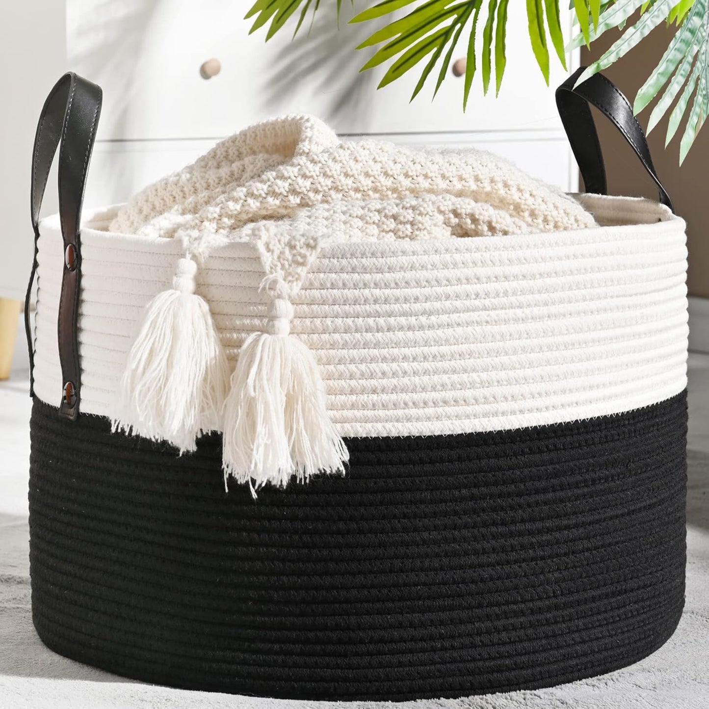KAKAMAY Large Blanket Basket (20"x13"),Woven Baskets for storage Baby Laundry Hamper, Cotton Rope Blanket Basket for Living Room, Laundry, Nursery, Pillows, Baby Toy chest (White/Black)