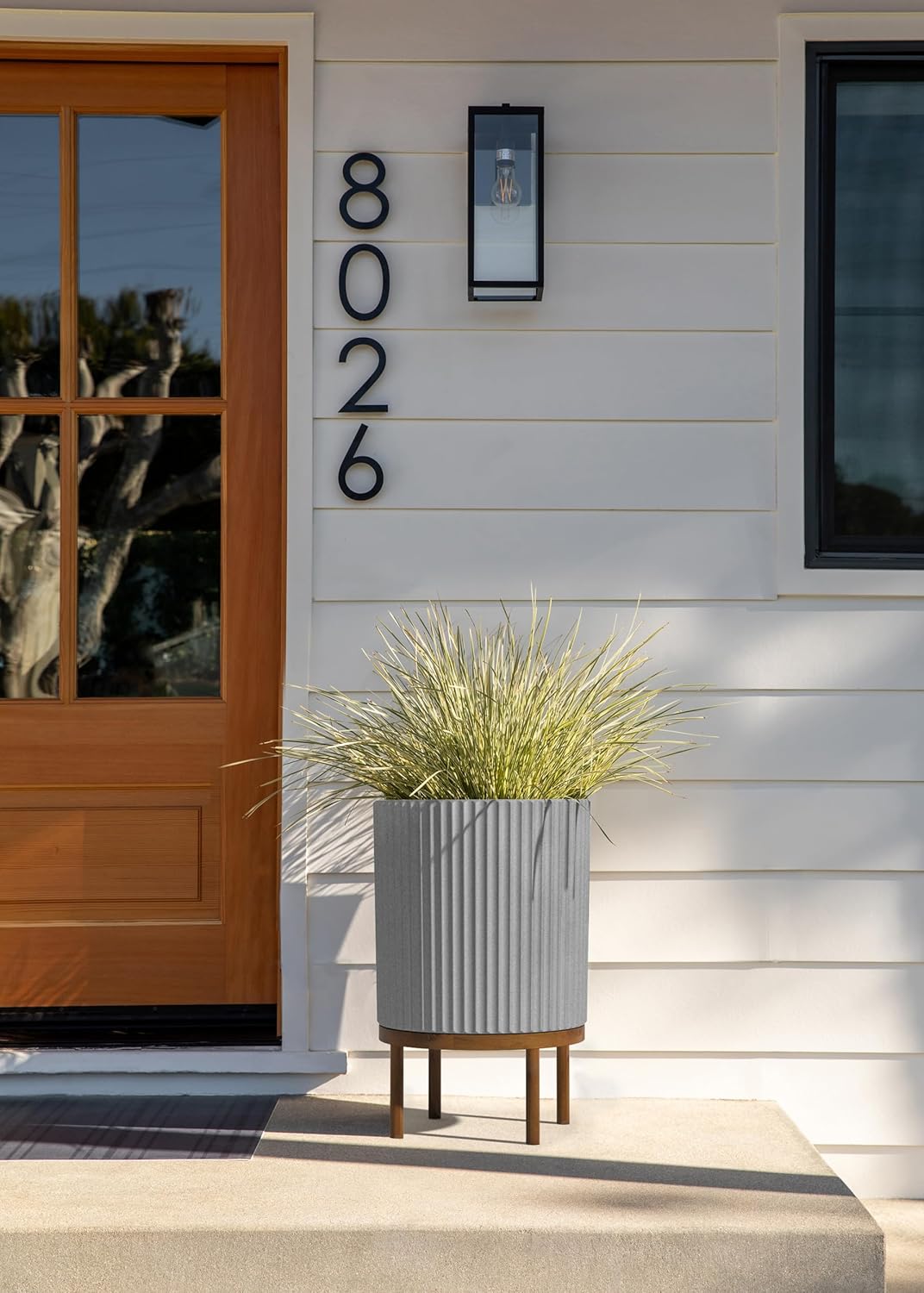 Veradek Demi Series Round Planter w/ Stand for Porch/Patio | Durable Plastic-Concrete & Wooden Stand | Modern Décor for Tall Plants, Flowers