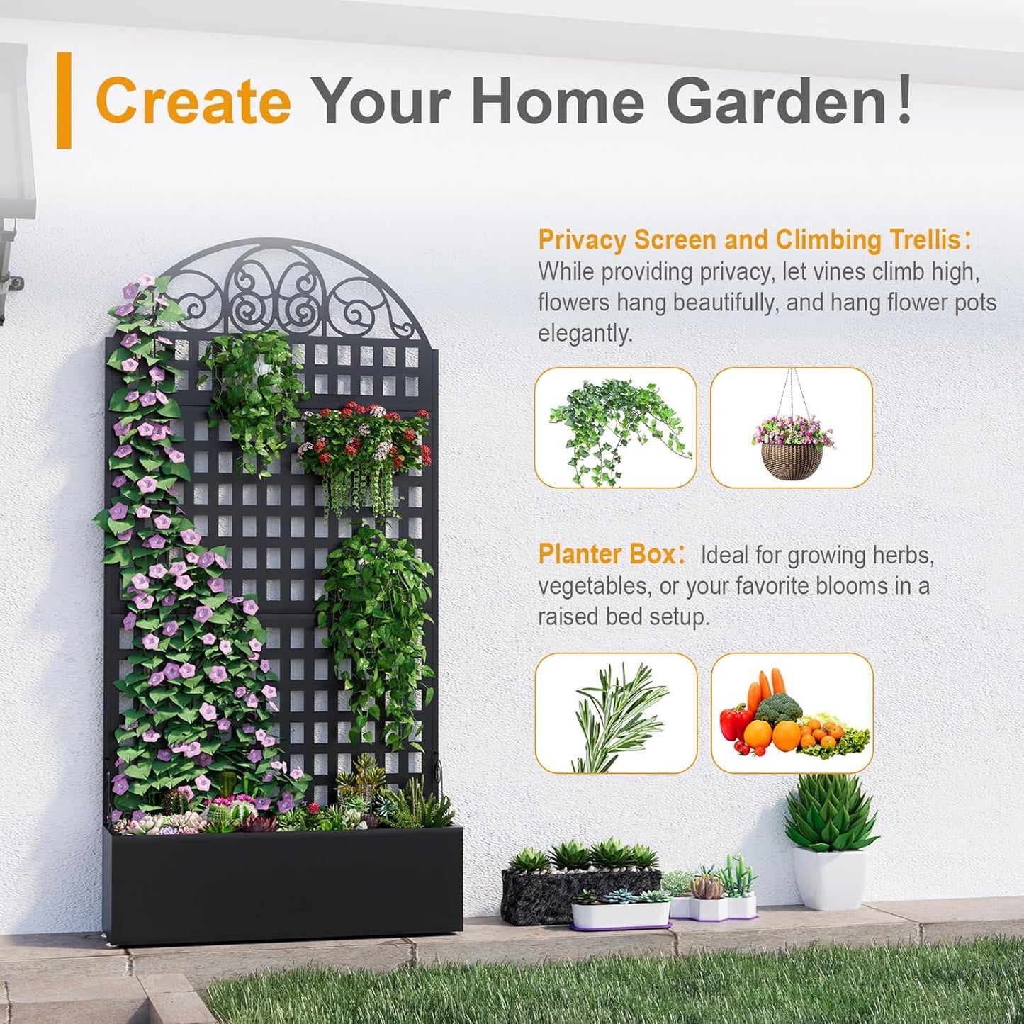 Metal Raised Garden Bed with Trellis, 79"x40"x11.8" Planter Box Outdoor with Privacy Screen Fence for Patio, Freestanding Garden Planter with Drainage Holes for Climbing Plants Flower Vegetable