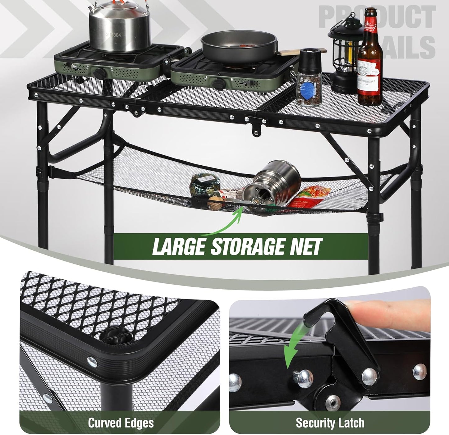 REDCAMP Small Triple fold Folding Grill Table for Outside, 3 Heights Adjustable Lightweight Portable Metal Aluminum Frame Outdoor Table for Camping Picnic Cooking BBQ, Black, 34x16 inches