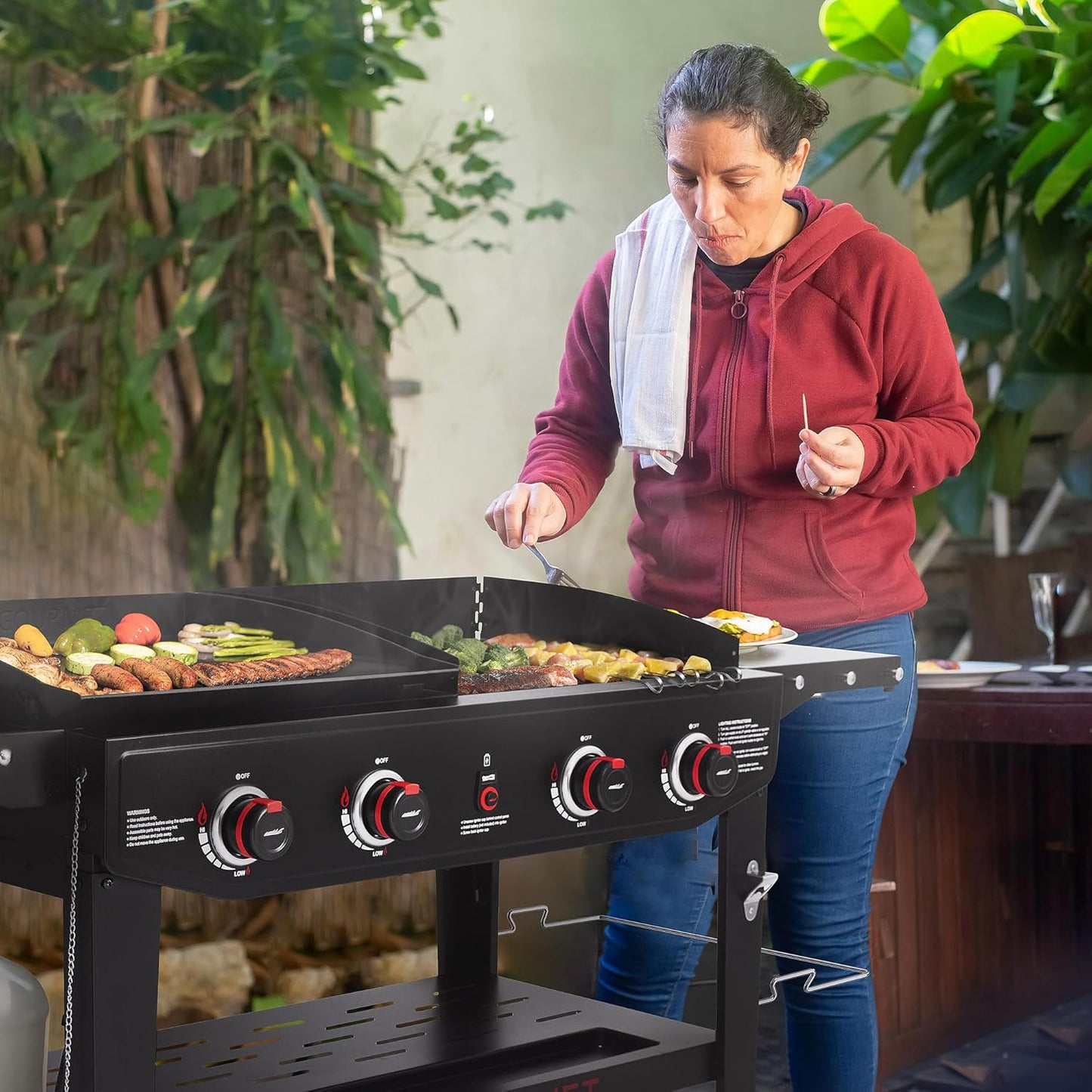 Royal Gourmet GD405A 4 Burner Propane Gas Grill and Griddle Combo with Grilling Gear Set, Griddle Grill Combo with Foldable Side Tables for Outdoor Cooking While Camping or Tailgating, Black