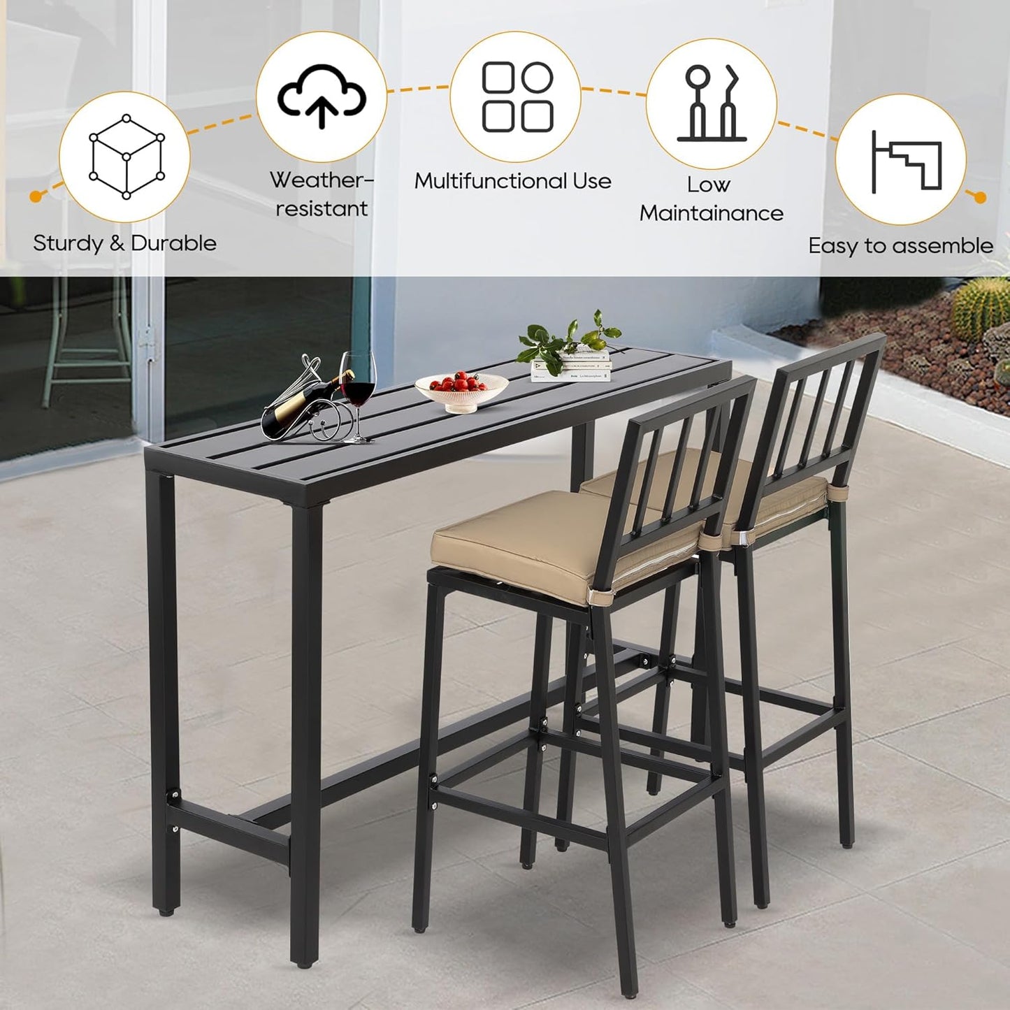 3-Piece Outdoor Patio Bar Set, Bar Height Patio Dining Set, Weather-Resistant Bistro Counter Pub Set with Cushions & Slatted Tabletop for Backyard, Garden, Yard