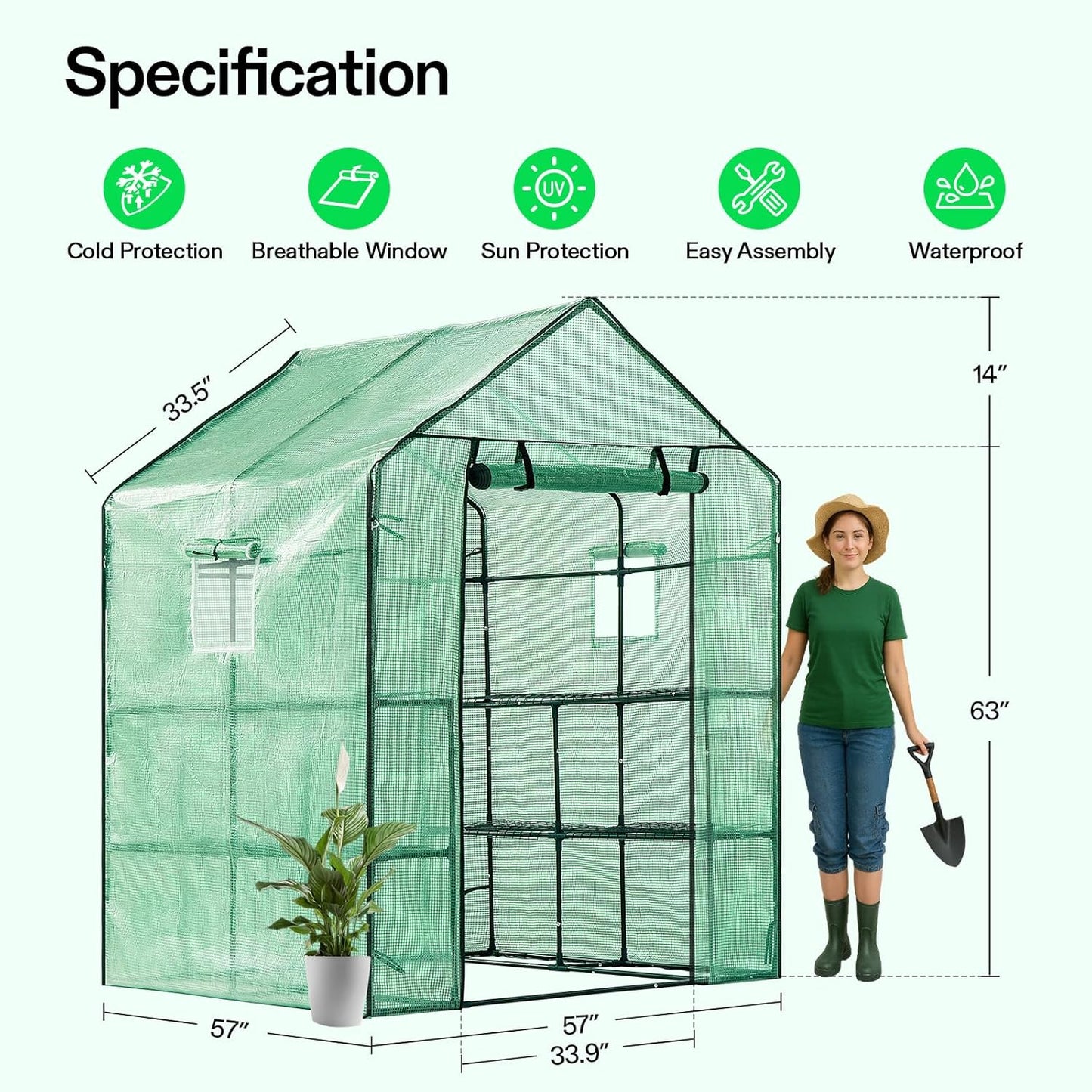 VIVOSUN 57x57x77 Inch Mini Walk in Green House with Window and Anchor, Plant Garden Hot House 2 Tiers 8 Shelves, 4.7 x 4.7 x 6.4 FT