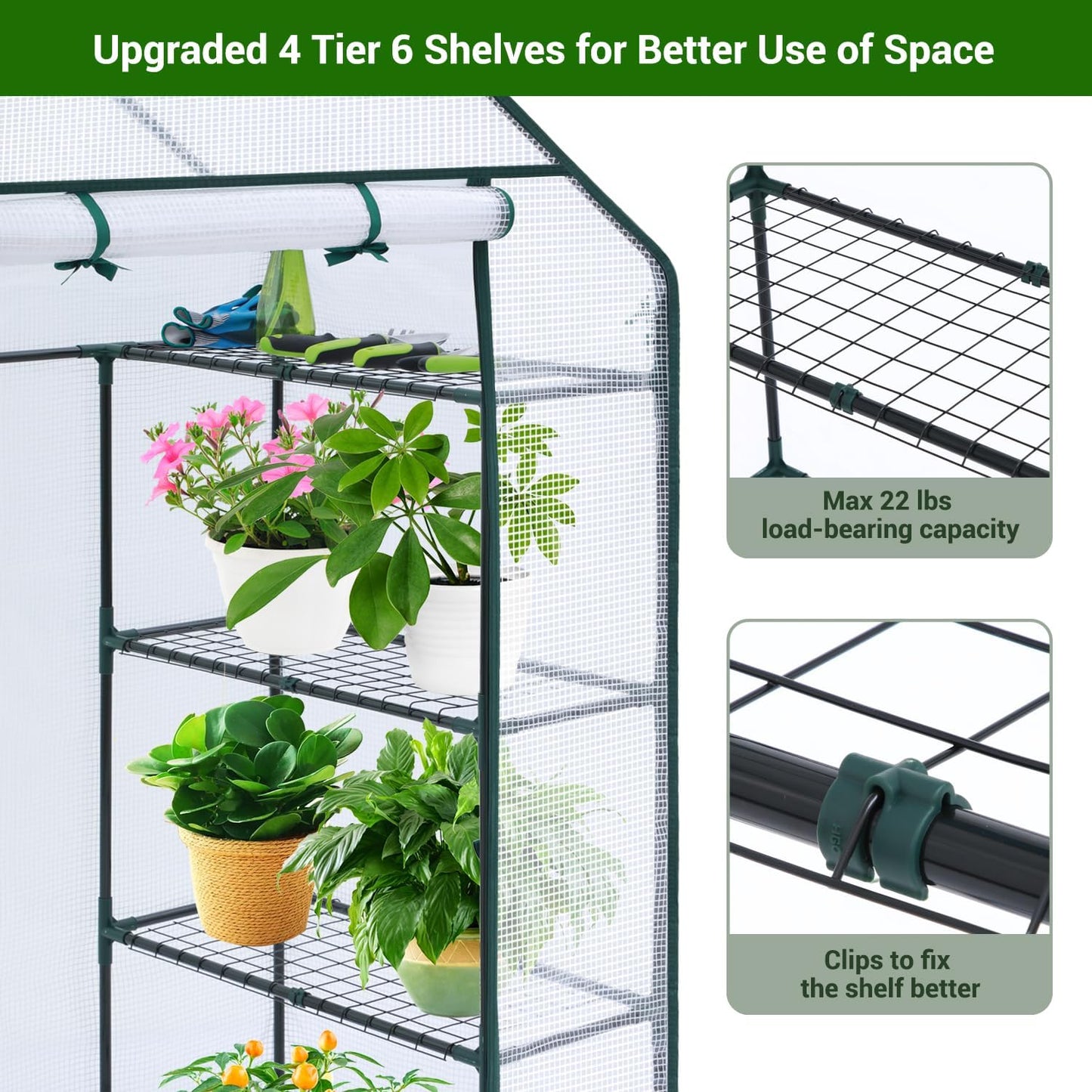 Ohuhu Small Greenhouse for Outdoors: 4 Tiers 6 Shelves Walk-in Indoor Green House Heavy Duty Plant Stands Reinforced Plastic PE Cover Mini Portable Warm House for Outside, 4.8x2.5x6.4 FT White