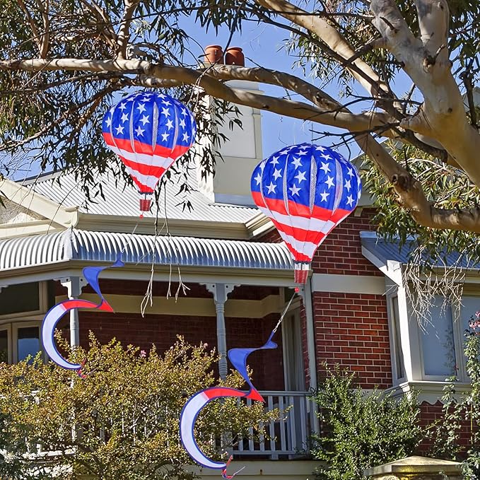 BATTIFE 2Pcs Patriotic Hot Air Balloon Wind Spinner, American Flag Kinetic Wind Twister with Tail, Outdoor Spiral Windmill Garden Yard, 4th of July Hanging Decoration