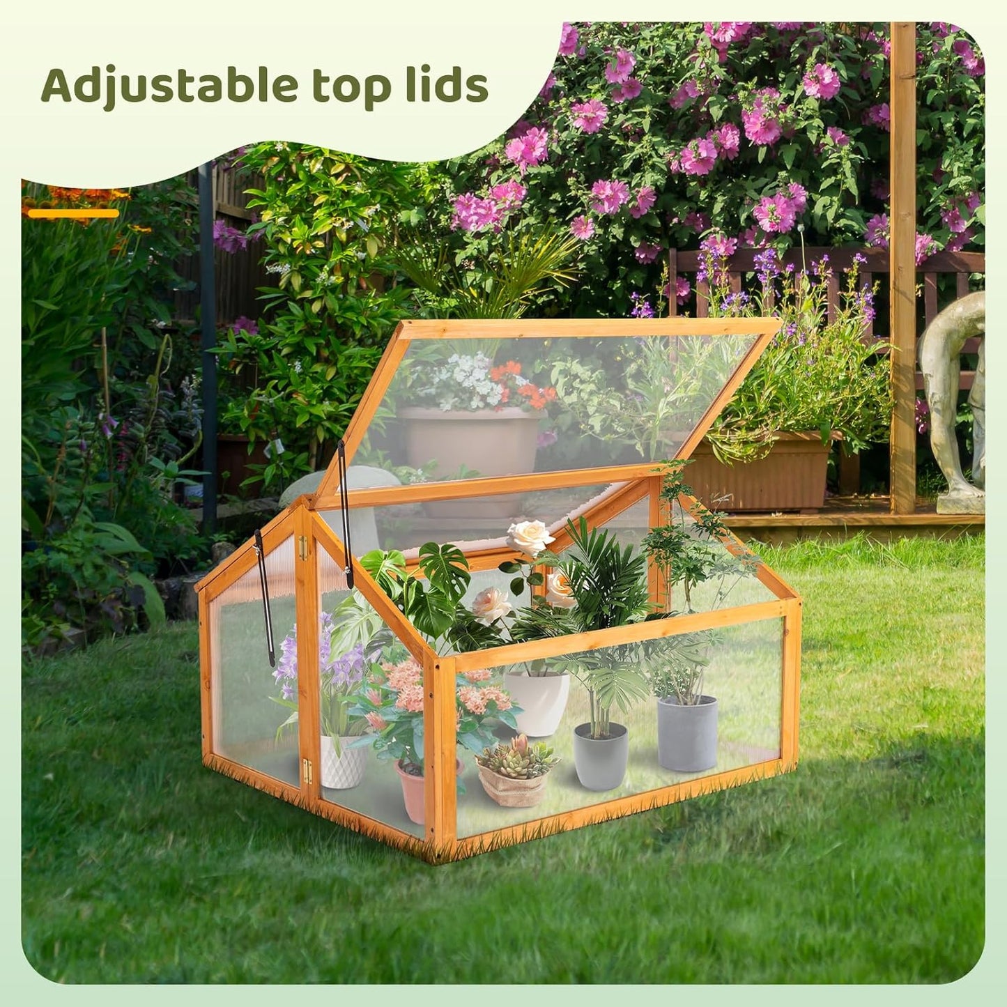 VINGLI Cold Frame Greenhouse, Mini Wooden Green House with Flip-Top Roof, Raised Flower Planter Shelf, Small Lockable Wood Cabinet for Plants Indoor Outdoor (Yellow, 35.43" x 30.71" x 23.23")