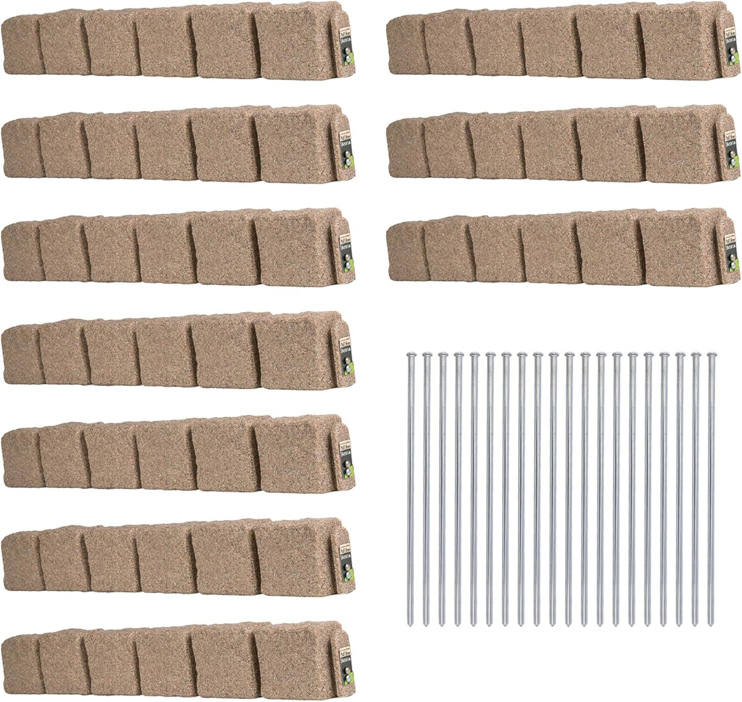 Beuta Landscape Edging | Garden Edging Border | Faux Stone Blocks for Lawn Edging, Flower Beds & Yard Edging – 10 Pack | Each Section Has 6 Blocks 48" L x 4" W x 6.5" H | 20 Spikes | Sandstone
