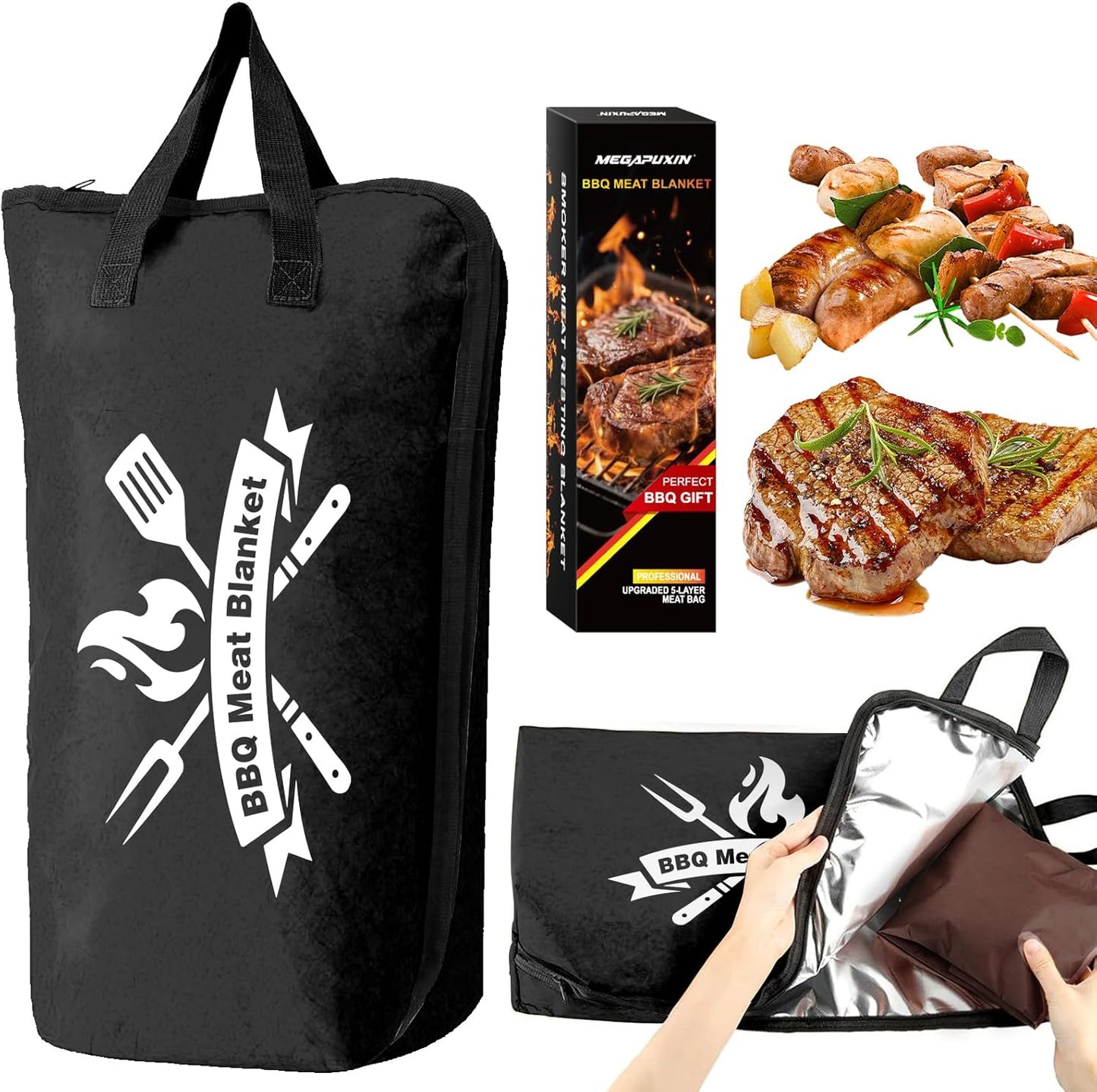 BBQ Blanket for Resting Meat, 22 in Smoker Meat Resting Blanket, Reusable Smoker Grilling Meat Insulated Resting Bag with Wide Mouth for Large Gifts for Men/Dad with Box, Black