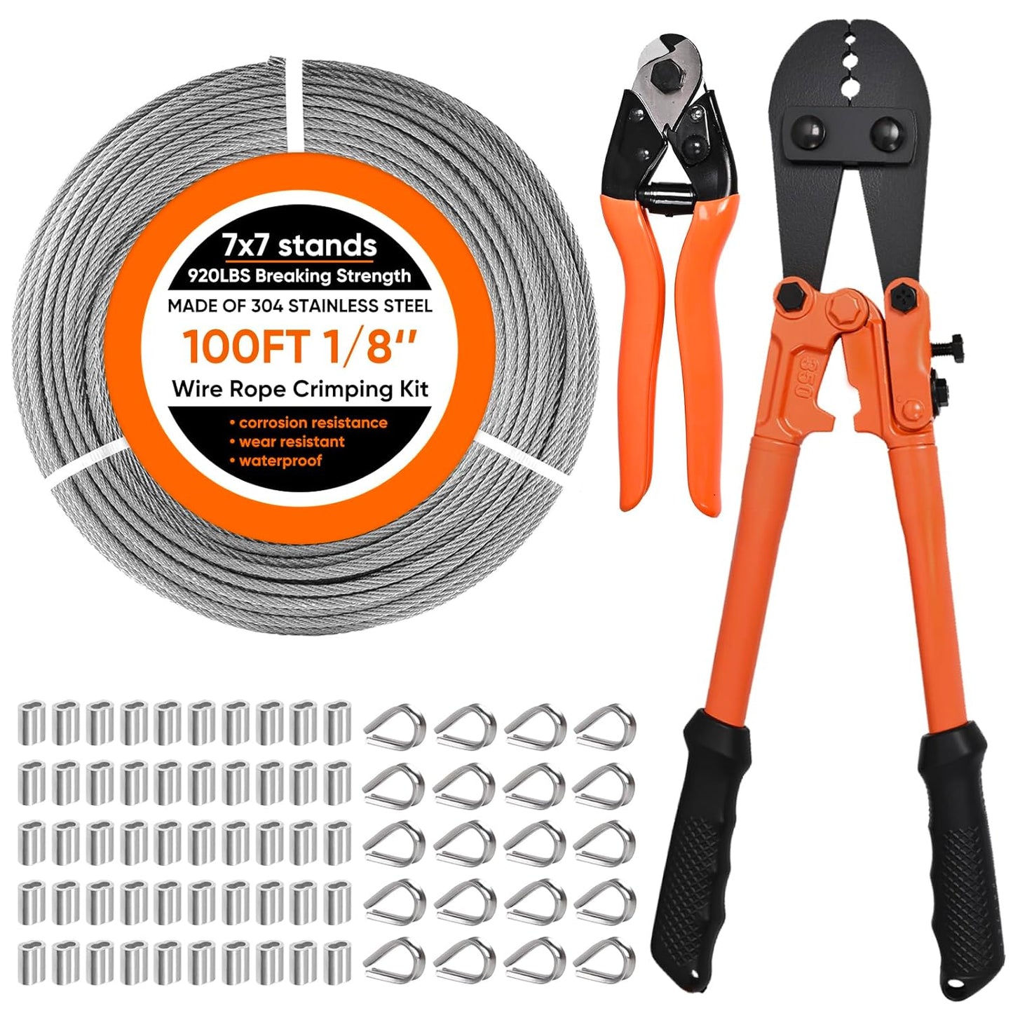 100FT 1/8" Stainless Steel Cable with Wire Rope Crimping Tool and Cable Cutter, 1760 lbs Breaking Strength, 7x7 Strands Aircraft Cable for Deck Railing, Porch Fence, String Light