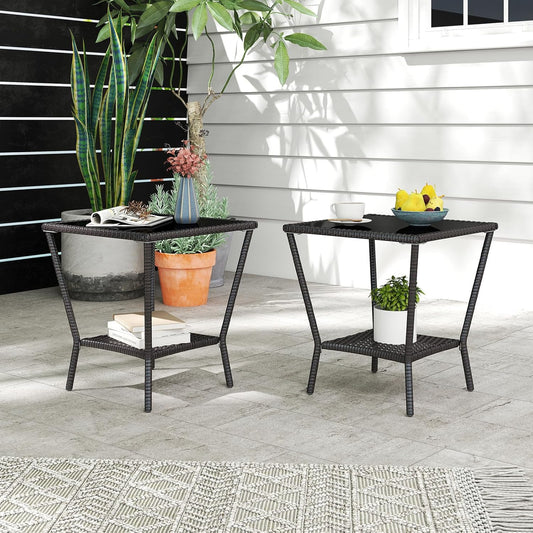 Outdoor Small Patio Table - PE Rattan Coffee Table, Wicker Side Table for Patio, Balcony & Porch, Durable & Iron Frame (2, Black Brown)