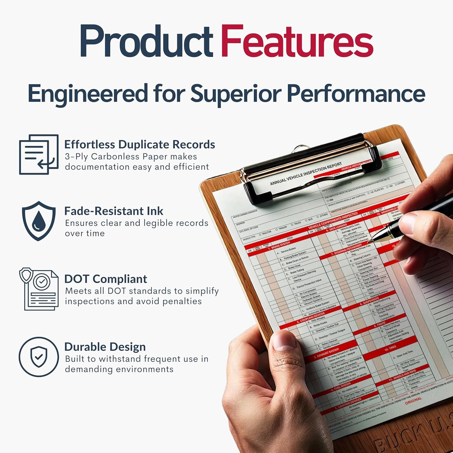 5 Pack 3-Ply Carbonless Annual Vehicle Inspection Report Forms with FMCSA Red Aluminum Labels & White Mylar Laminate Vinyl Labels, DOT Inspection Forms and Stickers, Shrink-Wrapped, 8.5" x 11.75"