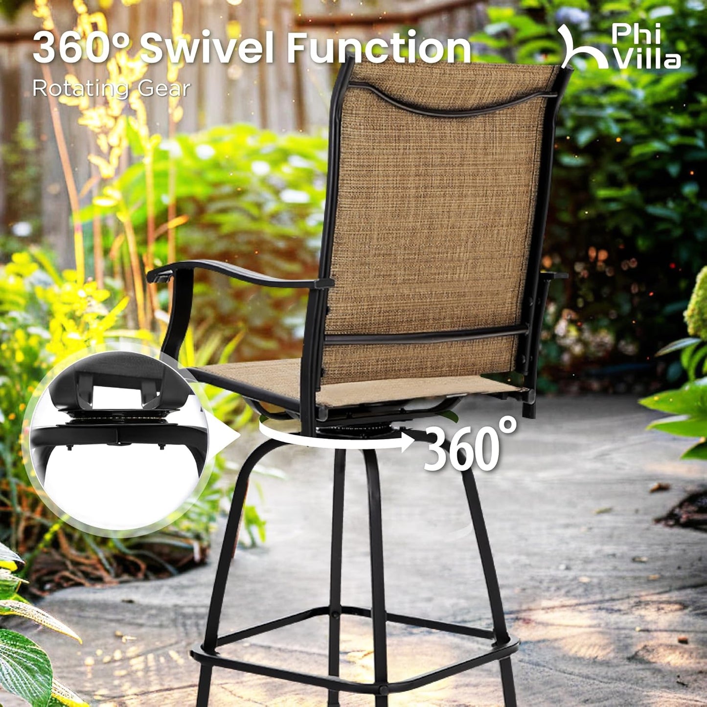 PHI VILLA Outoor Swivel Bar Stools Set of 6 with Armrest and Backrest, 30" Seat Height High Top Bar Height Patio Chairs, Brown Textilene Fabric