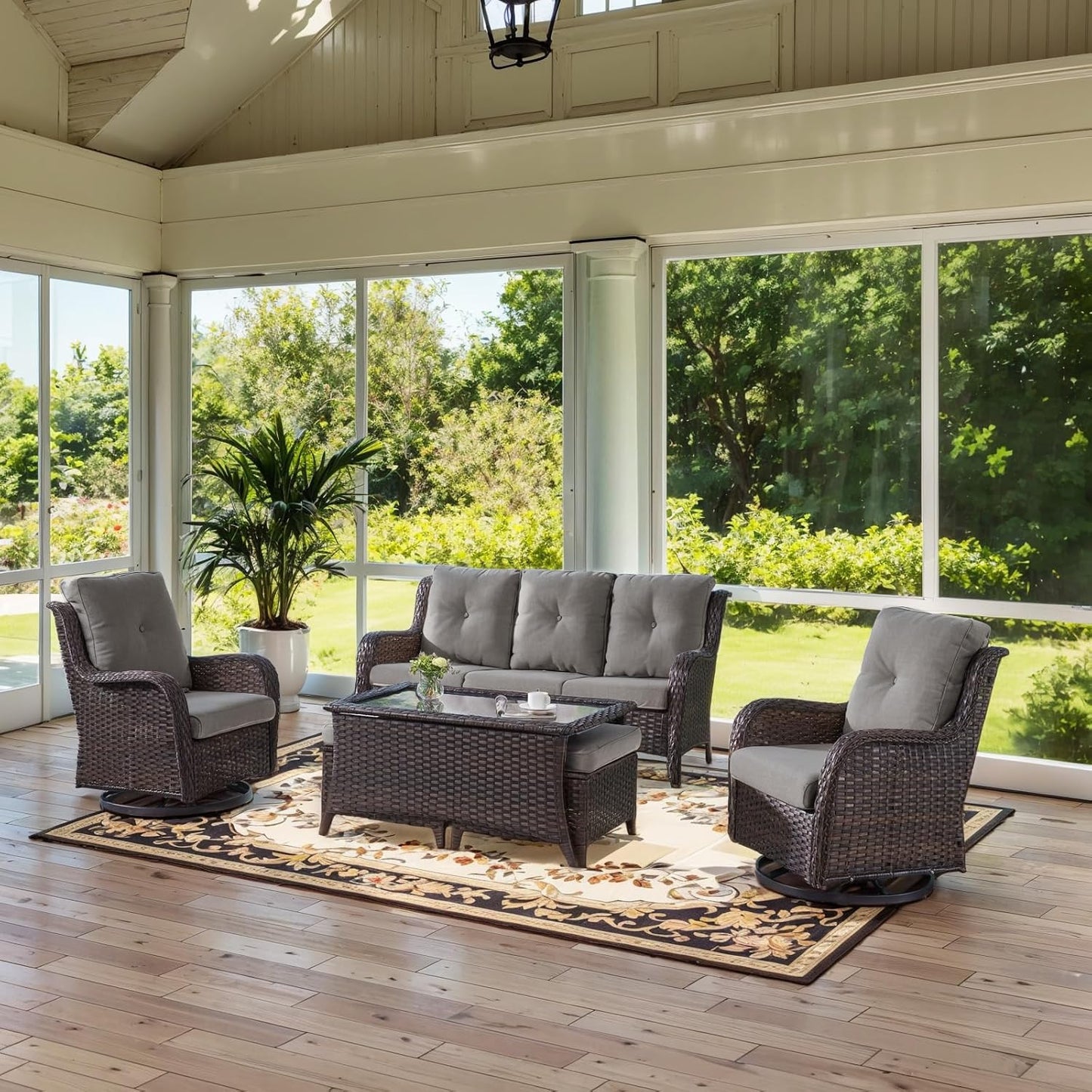 Wicker Outdoor Furniture Patio Furniture Set - 6 Piece Patio Conversation Set with Swivel Rocker Chairs, Rattan Sofa, Ottomans and Coffee Table, Gray Cushion