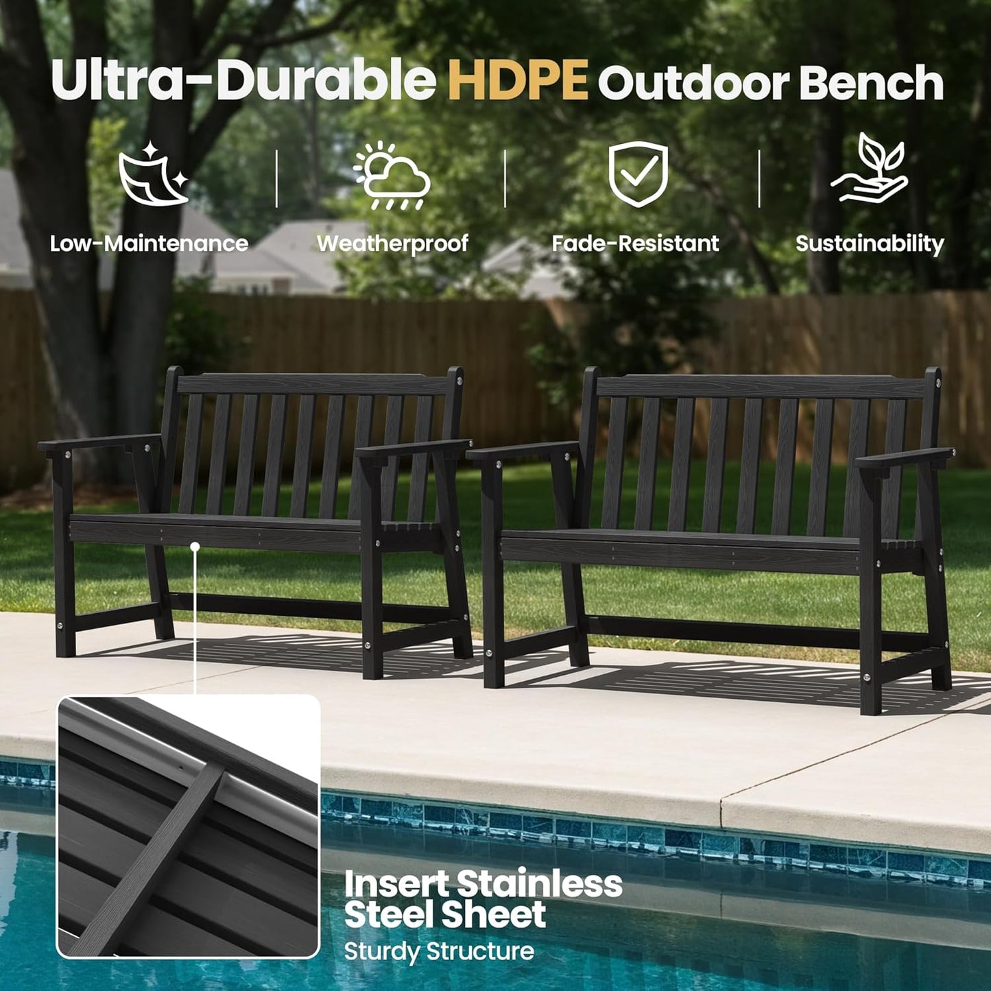 Ciokea 44" Outdoor Bench, HDPE Weatherproof Garden Bench, 2-Person Porch Benches with 550 Lbs, Waterproof Patio Benches for Outside Balcony Deck Backyard, Black