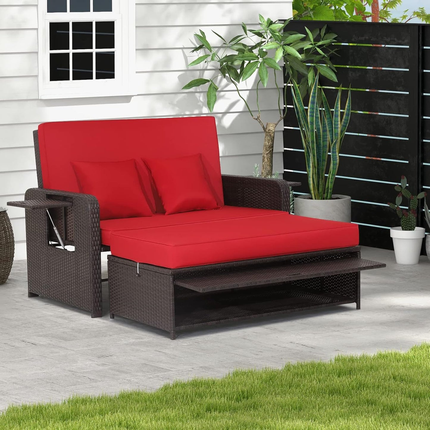 Tangkula Patio Rattan Daybed, Patiojoy Wicker Loveseat Sofa w/Multipurpose Ottoman & Retractable Side Tray, 4-Level Adjustable Backrest, Footstool w/Storage, Seat & Back Cushion Included