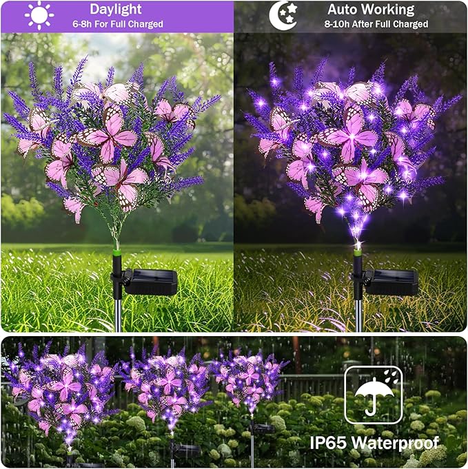 Kohlrabi Solar Garden Lights Outdoor, 6 Pack Solar Butterfly Lights Purple Lavender Gardening Gifts for Women, Purple Artificial Flower with Butterfly Garden Decor for Lawn Patio