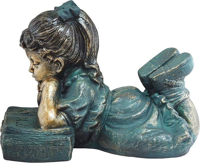 Alpine Corporation 16" Tall Indoor/Outdoor Girl Laying Down Reading Book Statue Set Yard Art Decoration