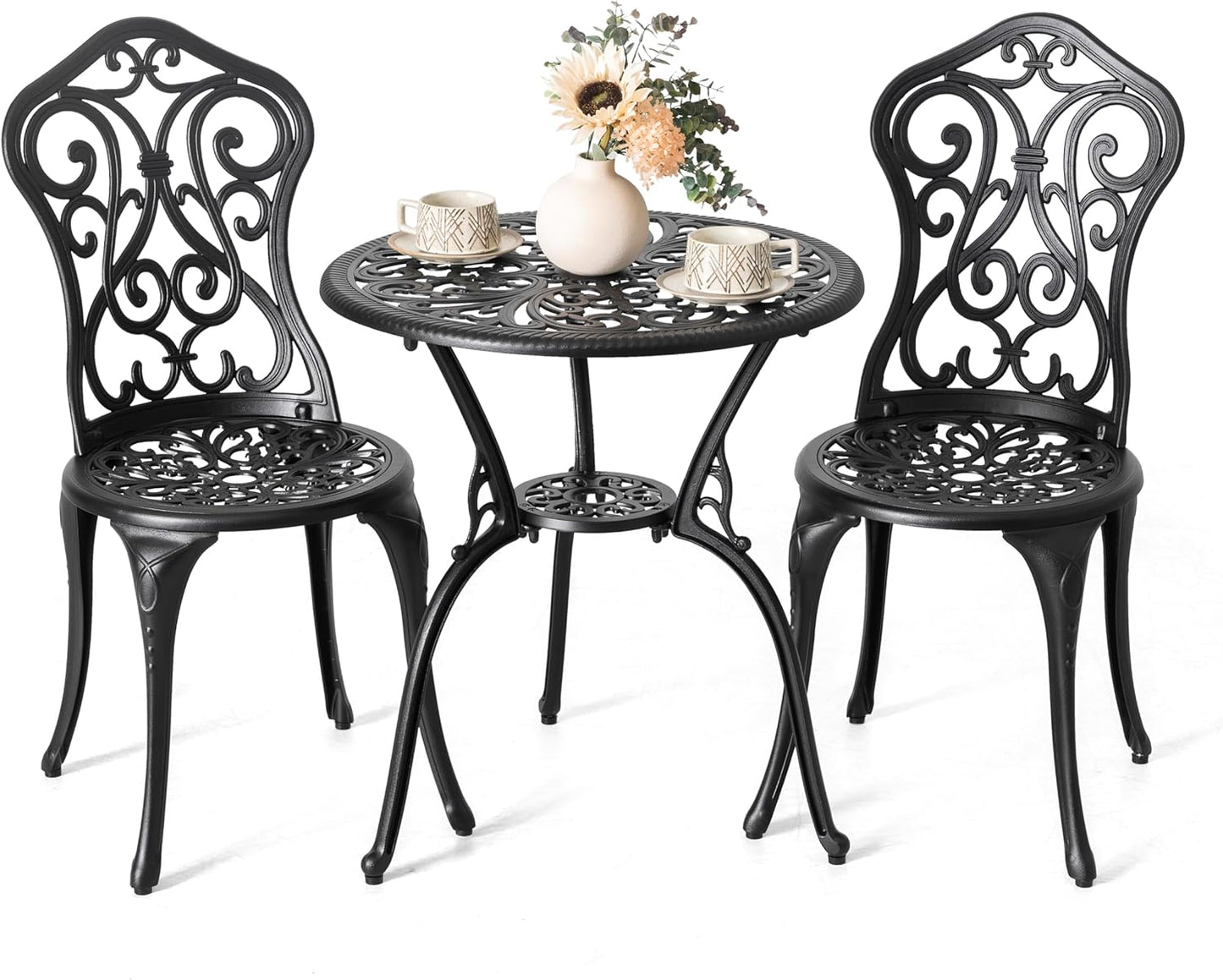 NUU GARDEN 3 Pieces Patio Bistro Set, Outdoor Bistro Set with 2 Chairs, Round Table with Umbrella Hole, All-Weather Outdoor Patio Bistro Set for Garden, Lawn, Poolside, Porch, Black