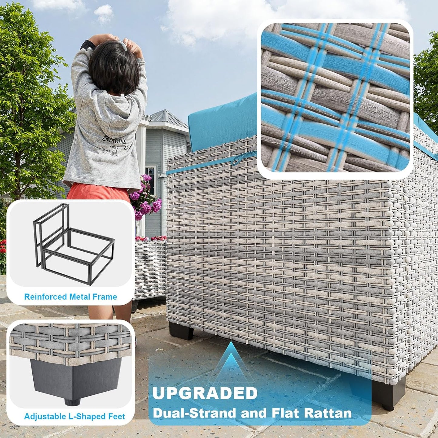 14-Piece Patio Furniture Set, Outdoor Sectional with Thick Cushions, Modular Patio Sofa, Dual-Strand Wicker Rattan, Rust-Resistant Frame, Backyard Furniture for Garden, Deck, Lake Blue