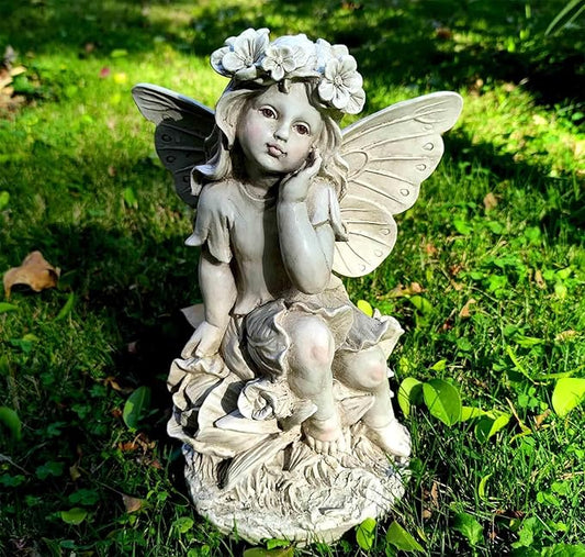 MeritMode 12.8" Fairy Garden Outdoor Guardian Angel Statue - Waterproof Resin with Flower Base, Unique for Patio, Balcony & Yard Decor
