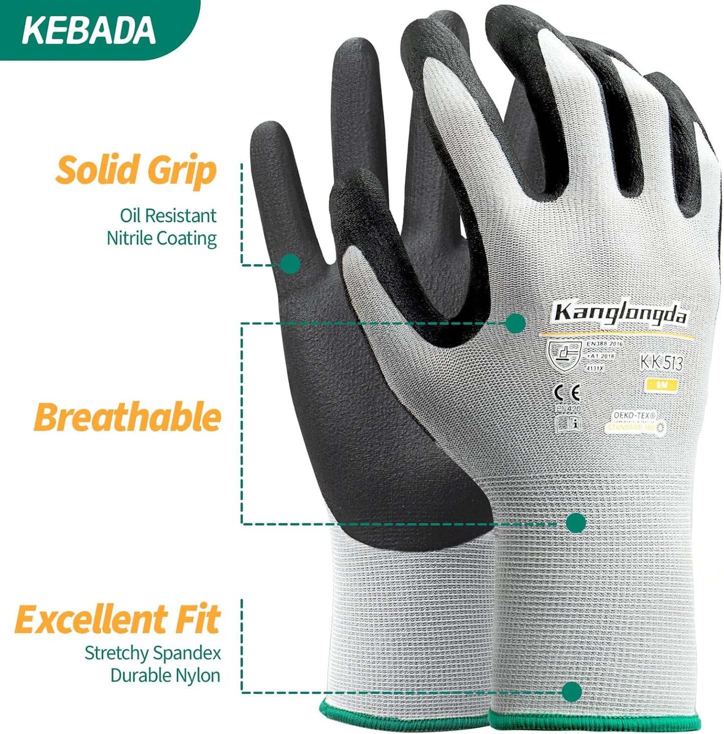 Kebada Foam Nitrile Coated Work Gloves, 3 Pairs Nylon Gloves with Grip, Ideal for Package Handling, Warehouse, Mechanic and Light Duty Construction, Small