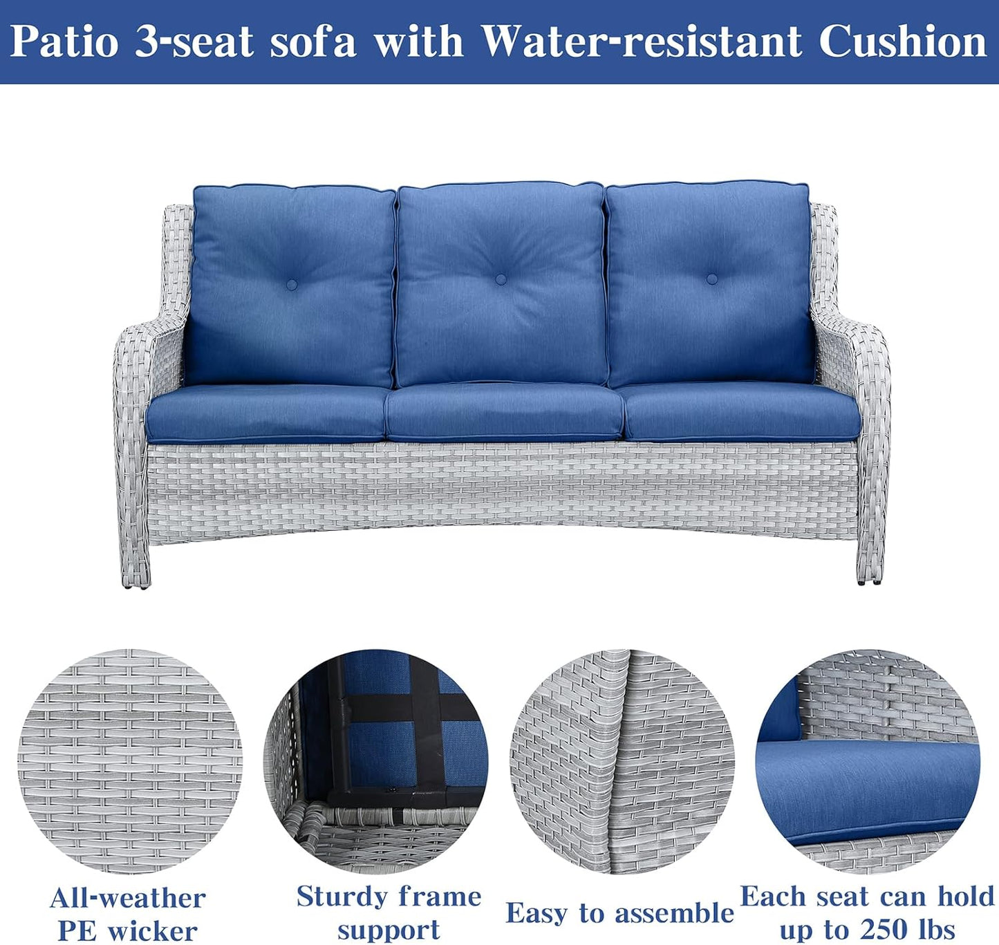 Wicker Patio Furniture Sets - 13 Piece Outdoor Rattan Furniture Conversation Sets with 4 Swivel Rocker Chairs, 2 Rattan Sofas, Wicker Ottomans and Coffee Table, Light Grey/Blue