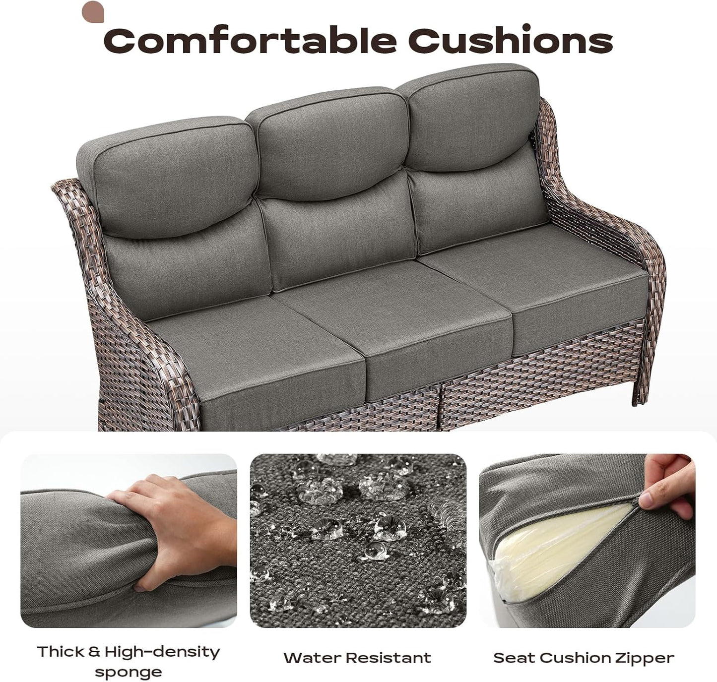 Wicker Outdoor Patio Furniture Set - 8 Piece Patio Conversation Sets with Swivel Rocker Chairs, Ottomans, Sofa and Table, 6 inch Cushions, Deep Seating, for Porch Deck Brown/Grey