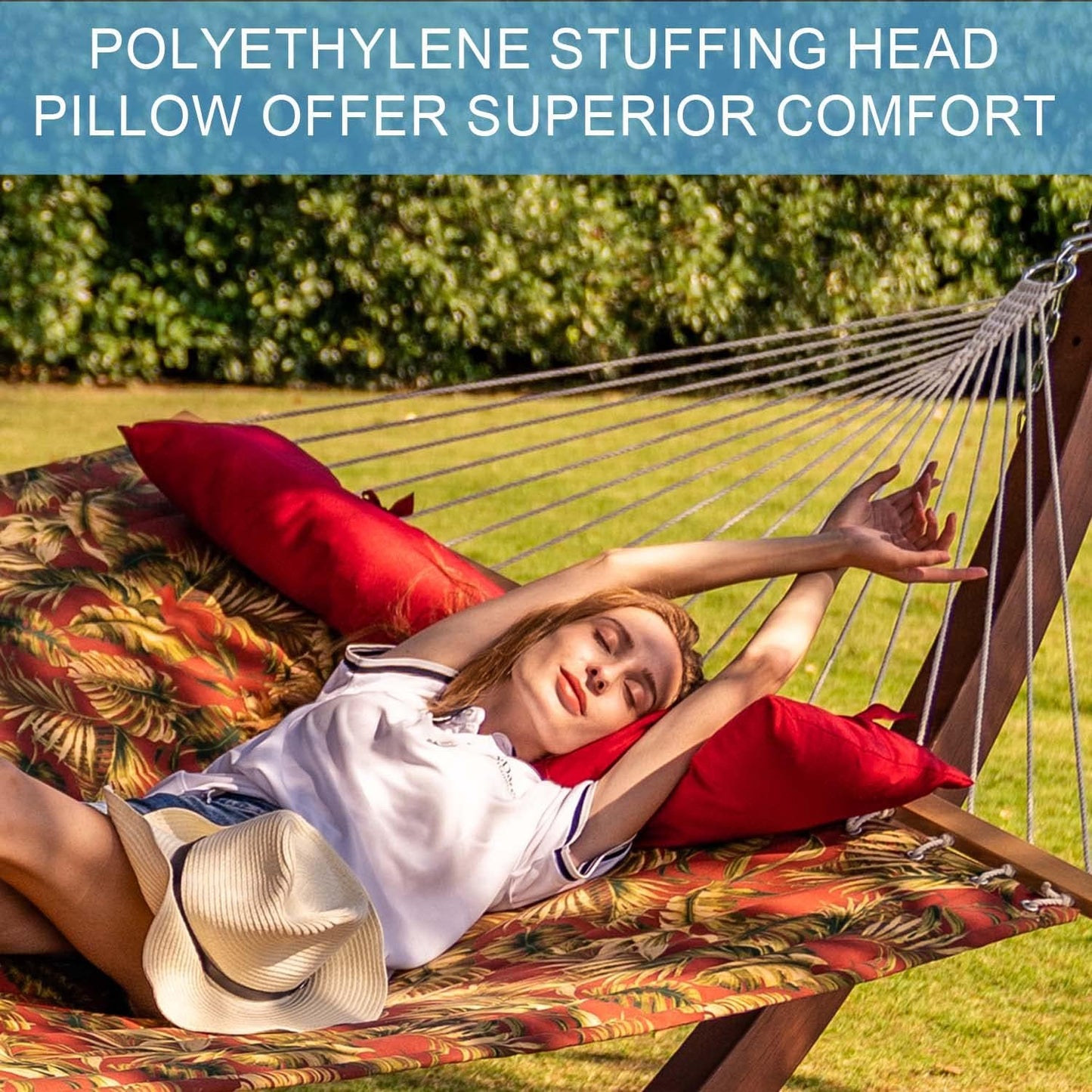 Lazy Daze Quilted Fabric Hammock with Spreader Bar, 2-Person Double Hammock for Outside Patio Poolside Backyard Beach, 450 lbs Capacity, Red Leaf