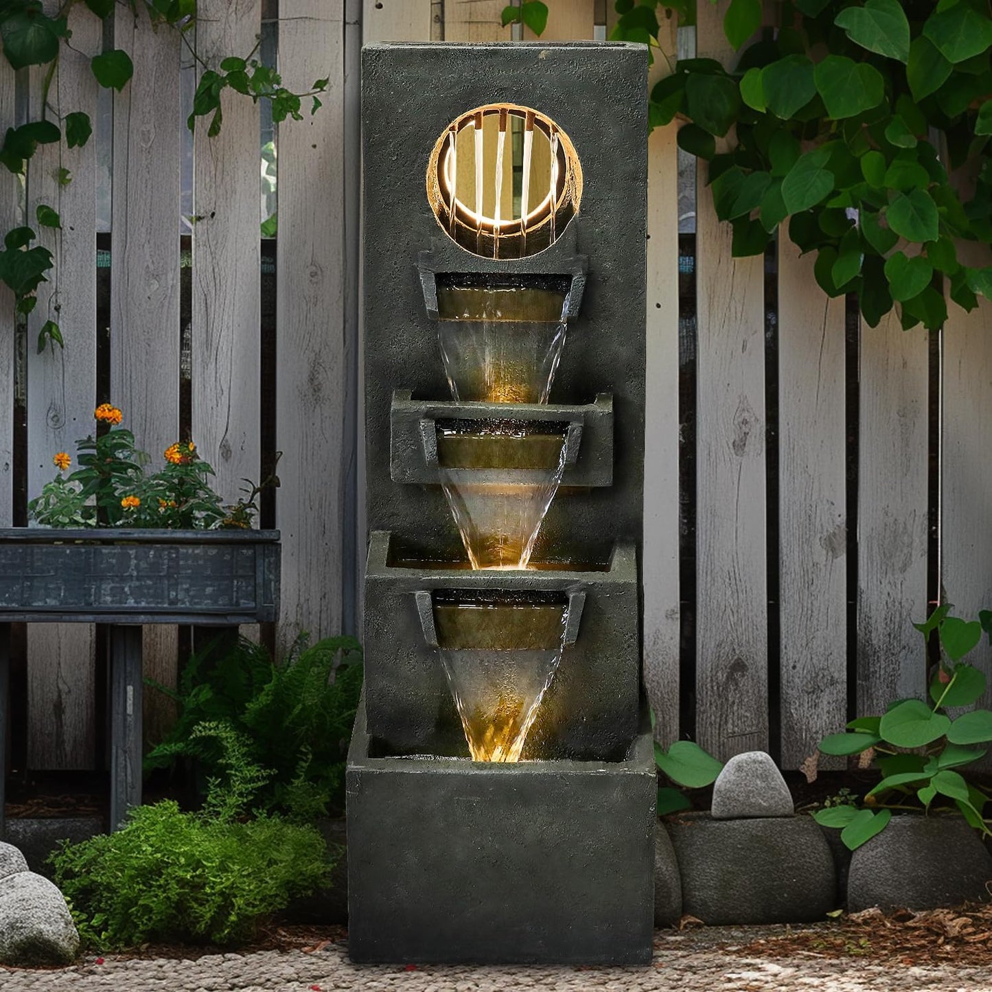 Naturefalls 39.3” H Modern Outdoor Fountain - 4-Tiered Outdoor Garden Fountains with Contemporary Design&LED Light for Garden, Patio, Deck, Porch, Backyard and Home Art Decor