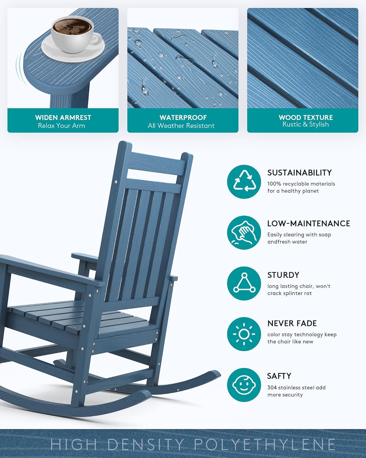 SERWALL Outdoor Rocking Chair, HDPE Rocking Chair for Adults, All Weather Porch Rockers for Lawn Garden, Navy