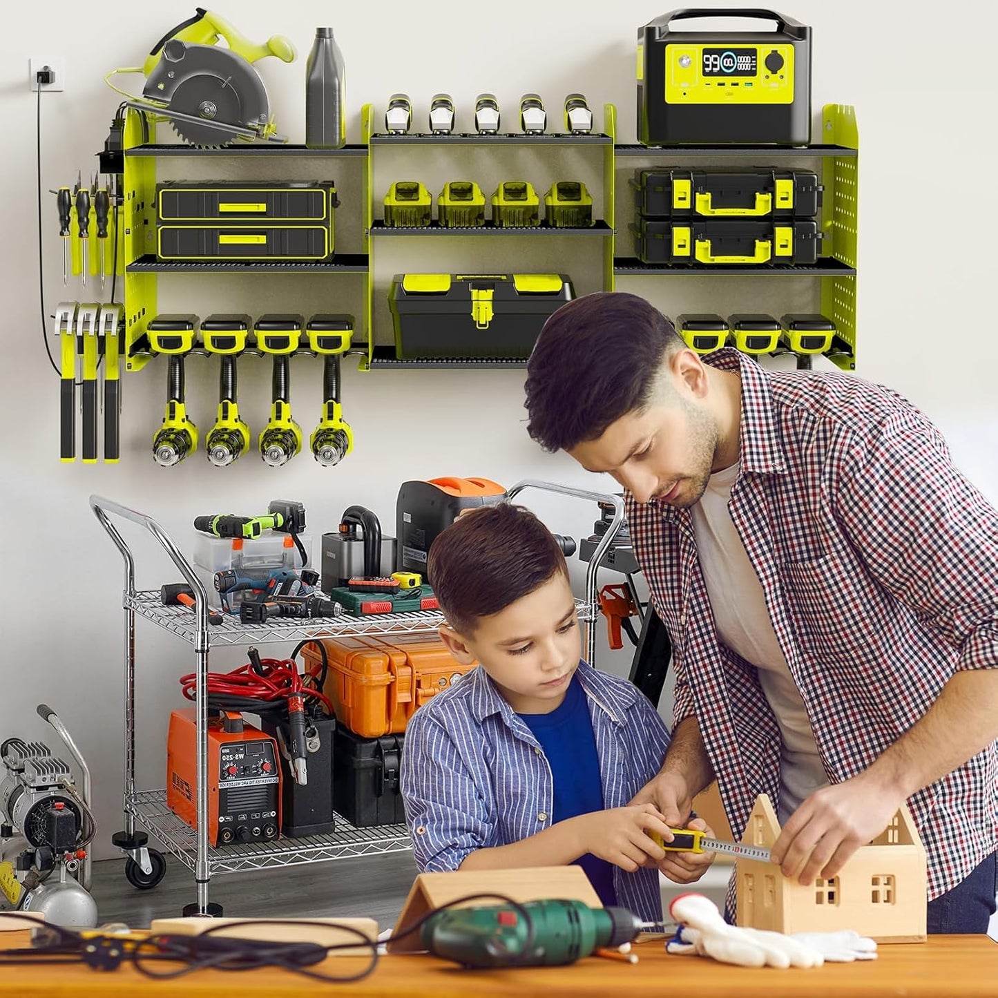 Power Tool Organizer with Charging Station Wall Mount, 3 Layer Expanded Heavy Duty Garage Organization, 45.5 Inch Length Garage Tool Storage, 8 Drills, 2 Assemble Method, Green