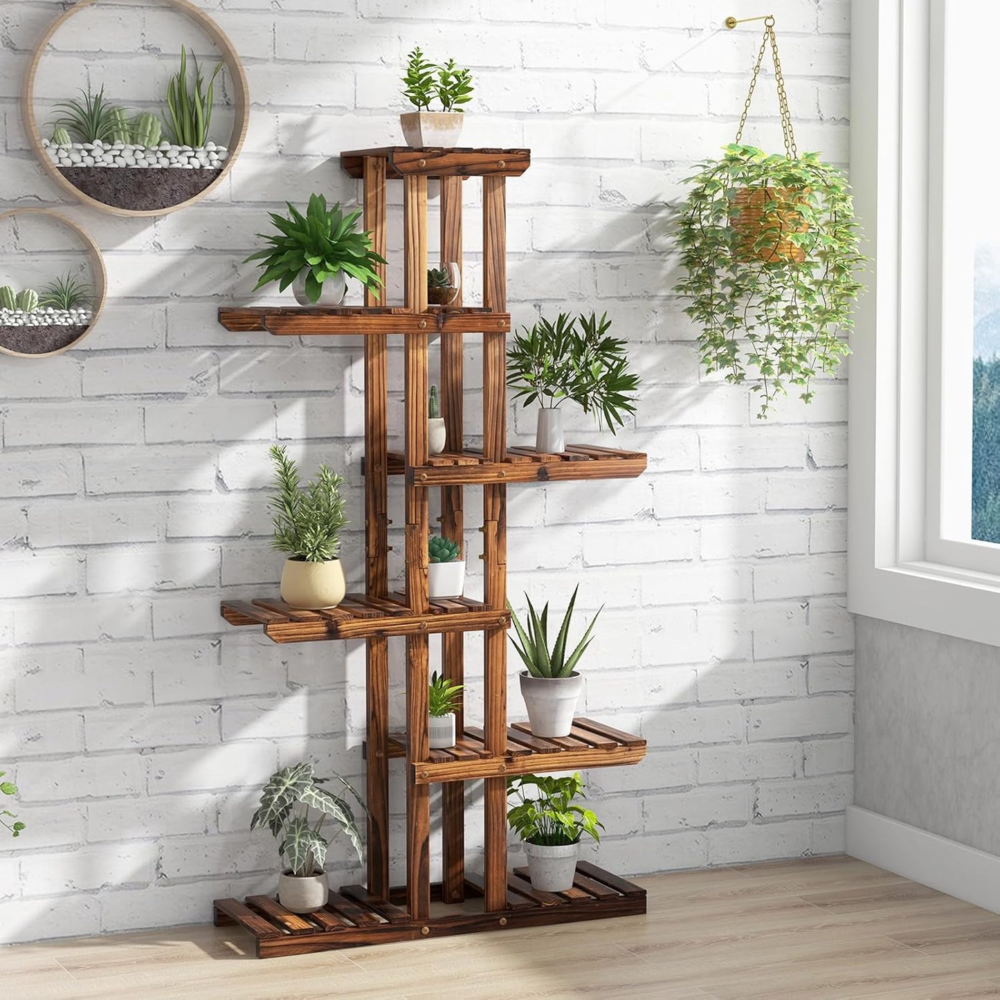 COSTWAY 6-Tier Multifunctional Wood Flower Stand, Shelf Holder for Multiple Plants, Freestanding Plant Rack for Garden, Patio, Balcony, Living Room, Indoor, Outdoor (29.5''x10''x55.5'')