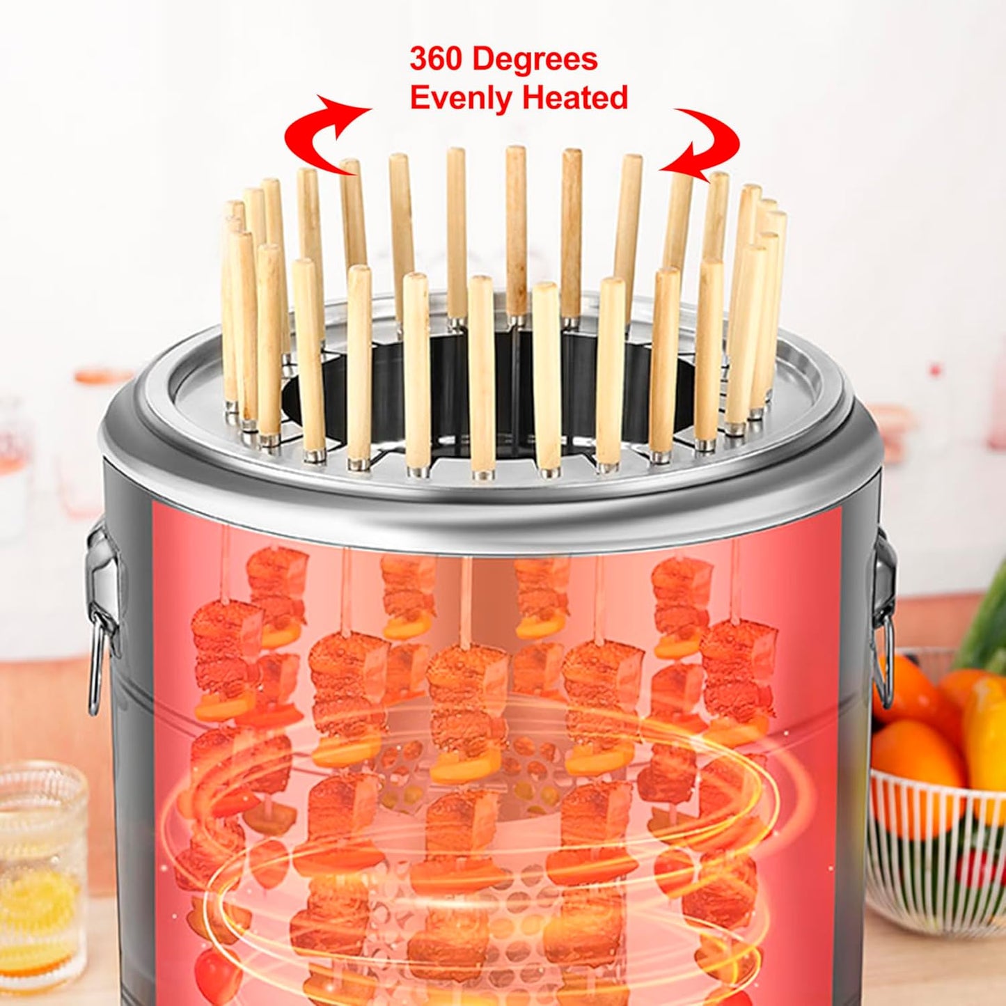 Portable Smokeless Barbecue Charcoal Barrel Grill, Stainless Steel Surround Charcoal kebab Grill with 28 Skewers and BBQ Grill Cooking Grate, Diameter 15.4 inch