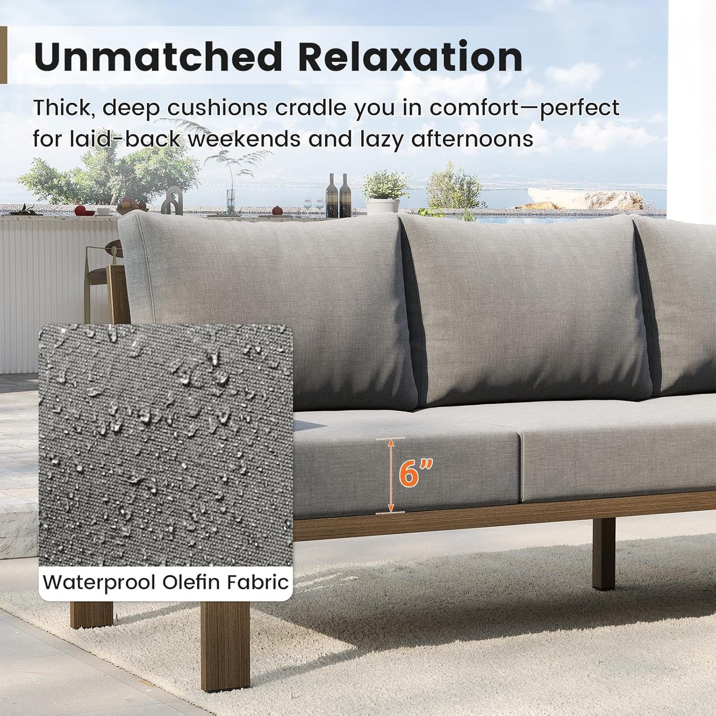 UDPATIO 6 Piece Patio Furniture Set, Faux Wood Metal Outdoor Sectional Sofa with 6" Thick Olefin Cushions, Wide Armrest & Coffee Table, L Shaped Outdoor Furniture for Garden, Backyard Dark Grey