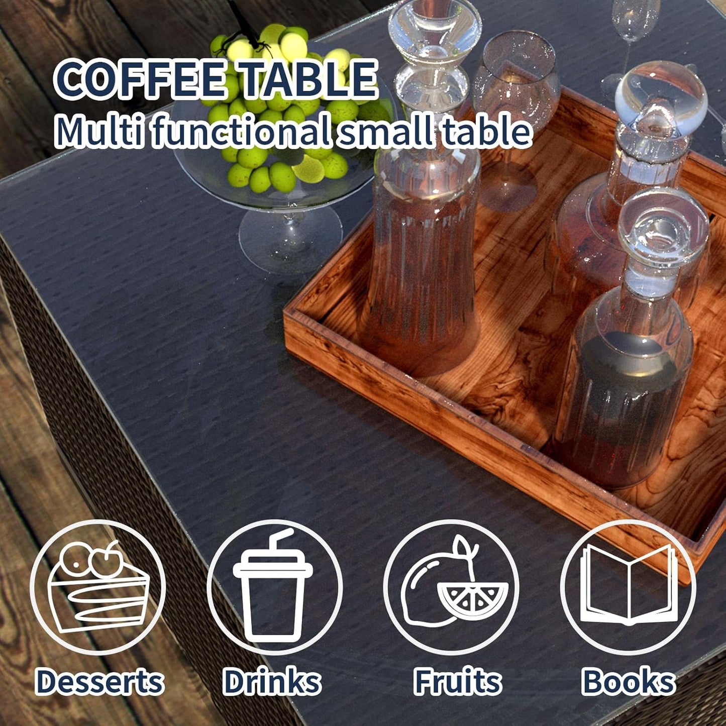 7 Pieces Outdoor Patio Furniture Set, Rattan Sectional Sofa, Conversation Set with Waterproof Cushion and Coffee Table, for Deck, Backyard, Garden (Navy Blue, 7-Piece)