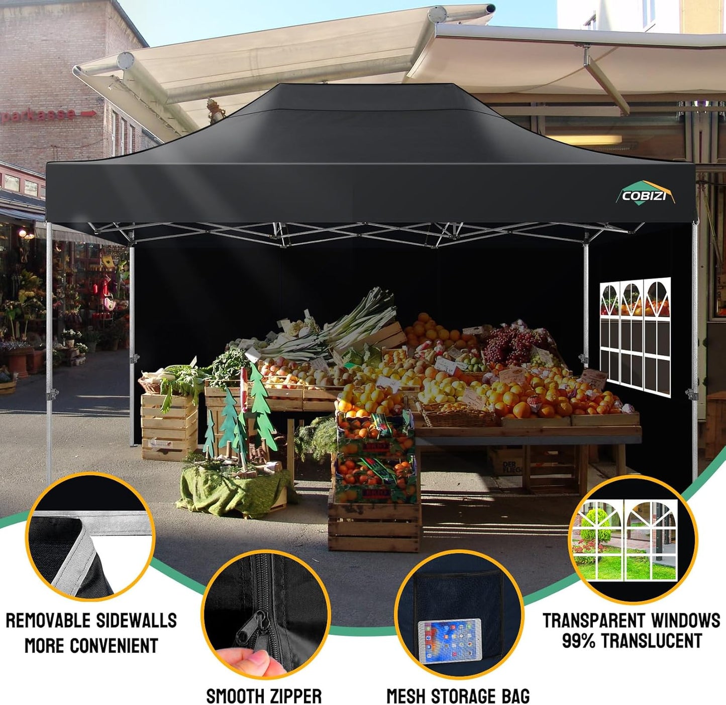 COBIZI 10x15 Pop up Canopy Heavy Duty Without Sidewalls, Easy Set-up Commercial Outdoor Party Canopy, 100% Waterproof Wedding Gazebo, 3 Height Adjustable with Handbag, Black