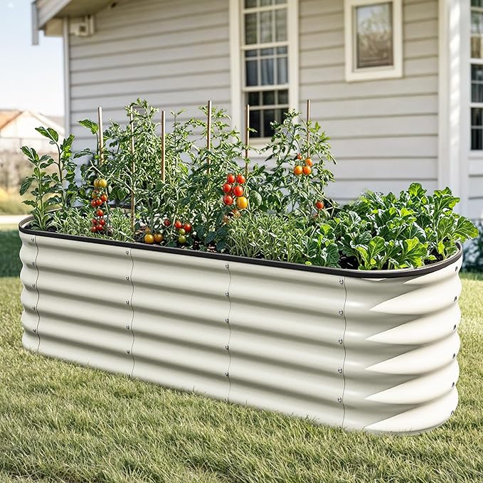 YITAHOME 17" Tall 6 in 1 Large Raised Garden Bed Kit, 6.5x2x1.4ft Galvanized Metal Planter Box with Gloves & Safety Rubber, Outdoor Above Ground Planters for Plants Vegetables Flowers, White