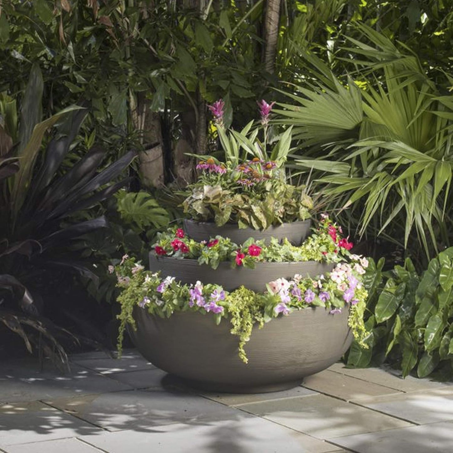 Crescent Garden Large Outdoor Planter Bowl – Double-Walled Resin Pot with Drain Hole for Water Gardens, Fountains, Decorative Landscaping - 30" W x 12" H (Caviar Black)