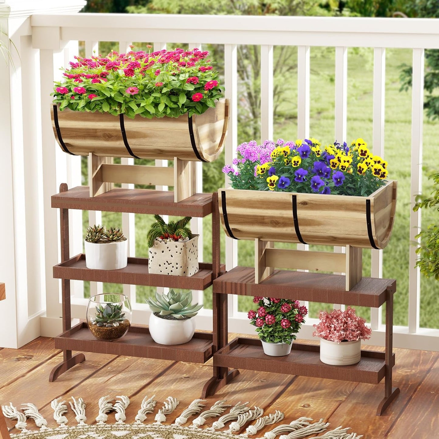 HAPPYGRILL Wooden Plant Pots, Solid Acacia Wood Half-Barrel Planting Flower Pot w/Legs, Drainage for Flower Vegetable Fruit, Outdoor Elevated Garden Bed, Decorative Planters for Indoor Plants (1)