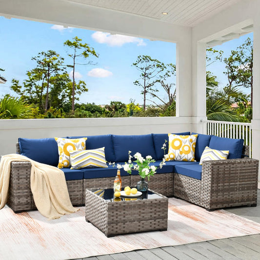 HOOOWOOO Modular Patio Outdoor Sectional Furniture Set,6 Piece Wicker Conversation Sofa Set,Out Door Couch Set with Wide Arm for Outside All Weather(Navy Blue)