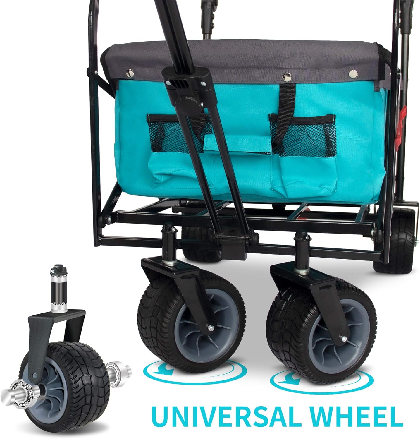 TMZ All Terrain Utility Folding Wagon, Collapsible Garden Cart, Heavy Duty Beach Wagon, for Shopping, Camping, and Outdoor Activities with Push Handle and Brakes (Turquoise/Grey)