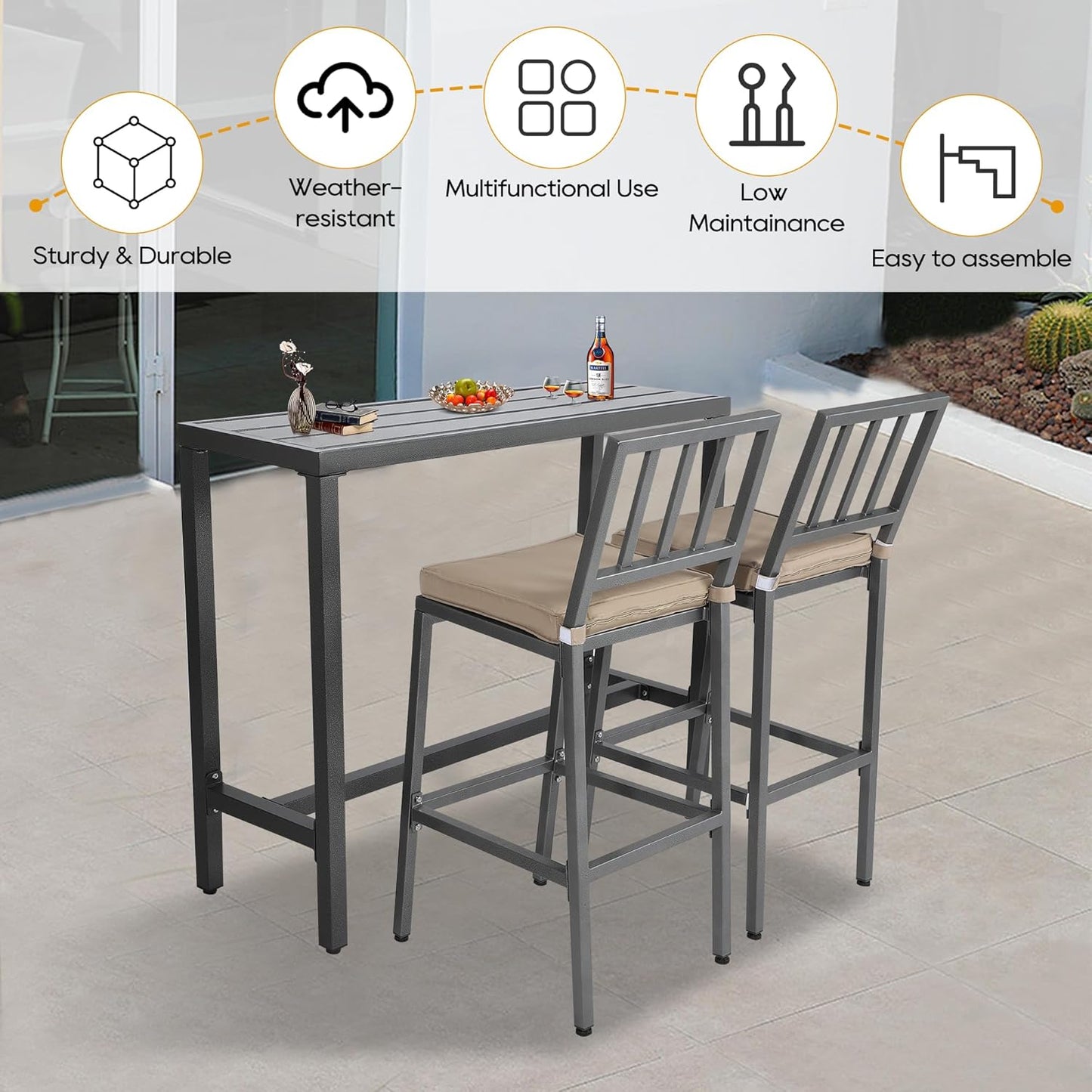 Outdoor Patio Bar Set, Bar Height Patio Dining Set, Weather-Resistant Bistro Counter Pub Set with Cushions & Slatted Tabletop for Backyard (Gray, 47" Table, 2 "I Style Stool)