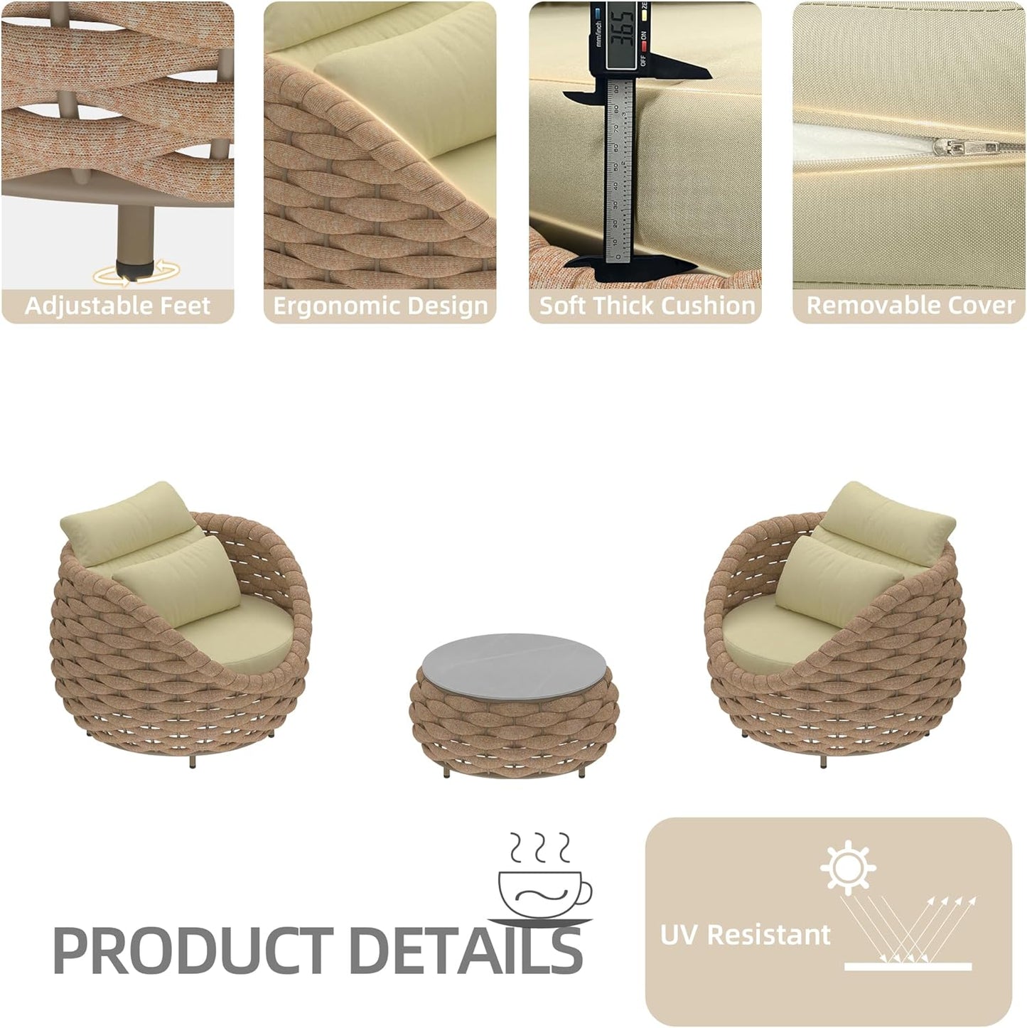 TWT Aluminum Outdoor Patio Furniture Set, 4 Textilene Armchairs Modern Outdoor Conversation Set Outdoor Single Sofa with Upgrade Cushion and Coffee Table for Balcony, Light Brown