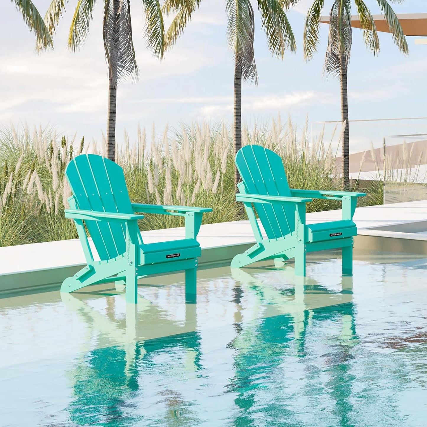 MUCHENGHY Folding Adirondack Chairs 4 Pack, Patio Chairs, Outdoor Chairs, Adirondack Chair Plastic, Fire Pit Chairs, Weather Resistant with Cup Holder for Deck, Backyard, Garden(Lake Blue)